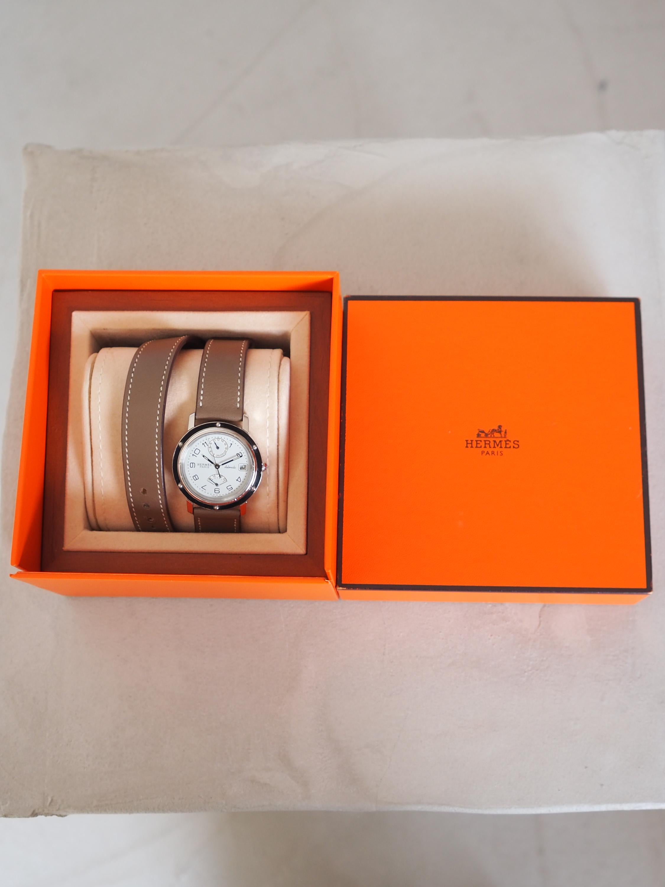 HERMES Clipper Watch Watches Men's Unisex Silver Color Stainless steel Etoupe Leather Vintage Authentic