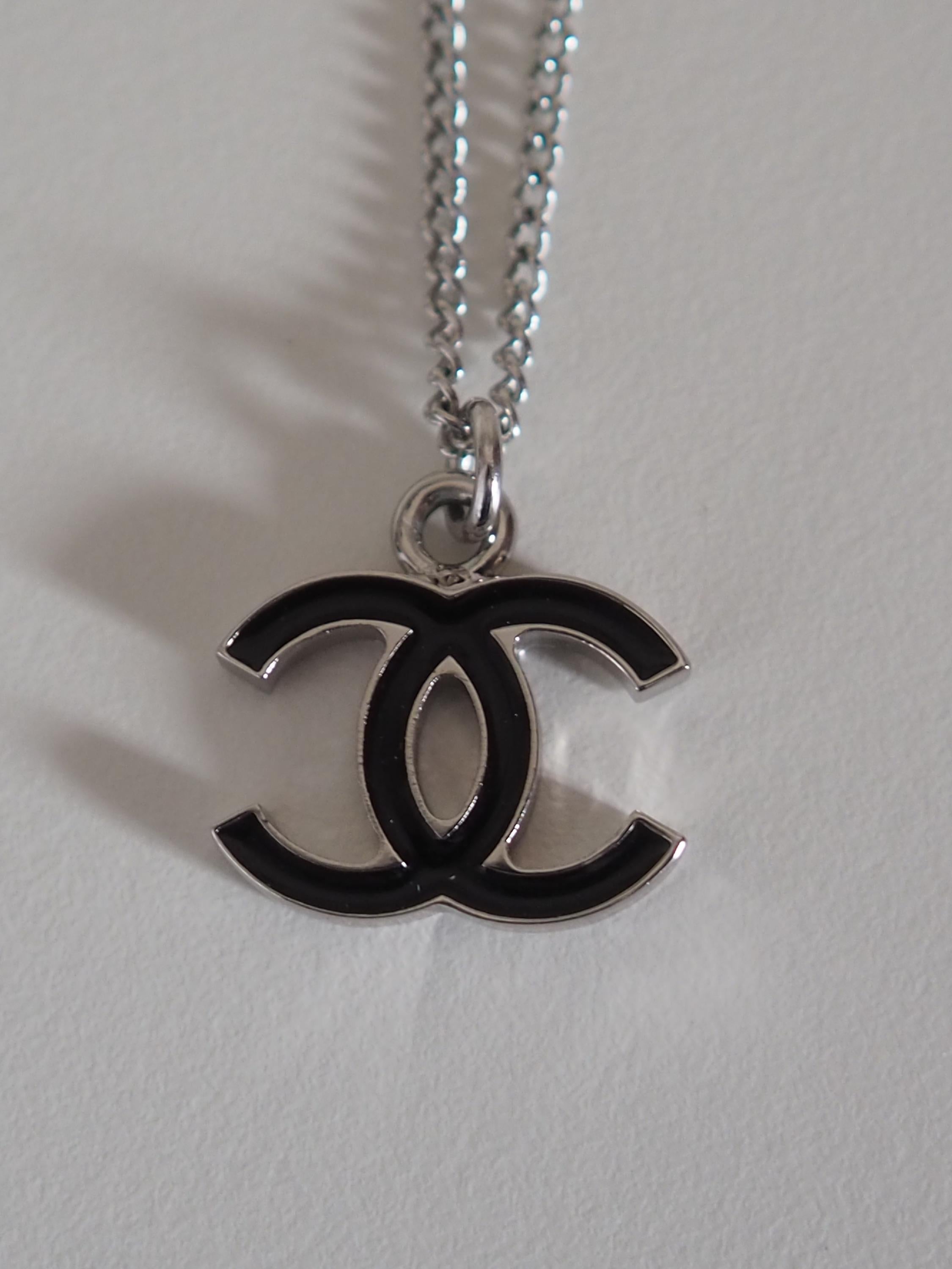 CHANEL COCO Chain Necklace CC Logo Silver Metal Black Vintage Authentic