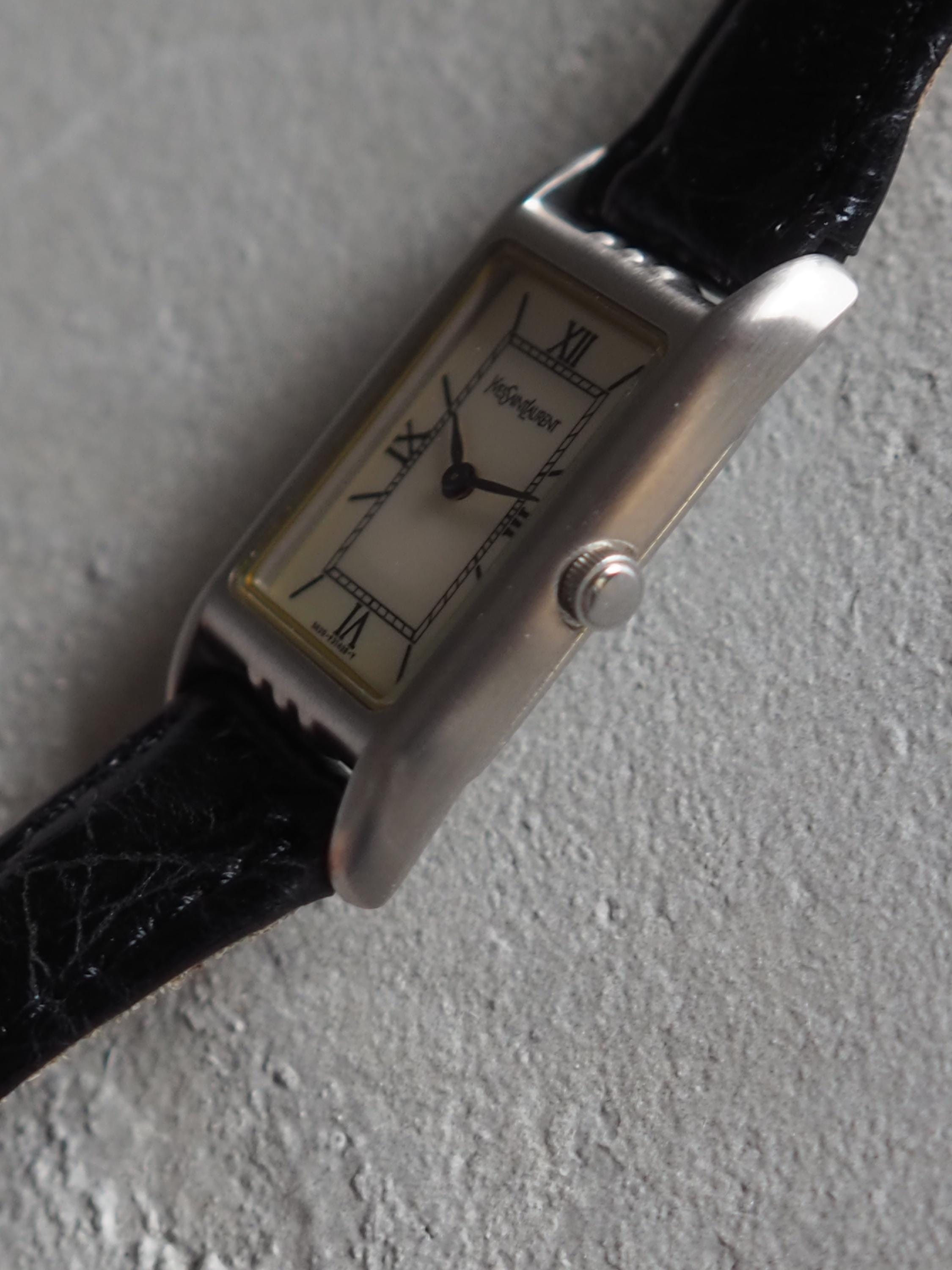 Yves Saint Laurent YSL Square Watch Wristwatch Logo Silver color Stainless steel Black Leather Vintage Authentic