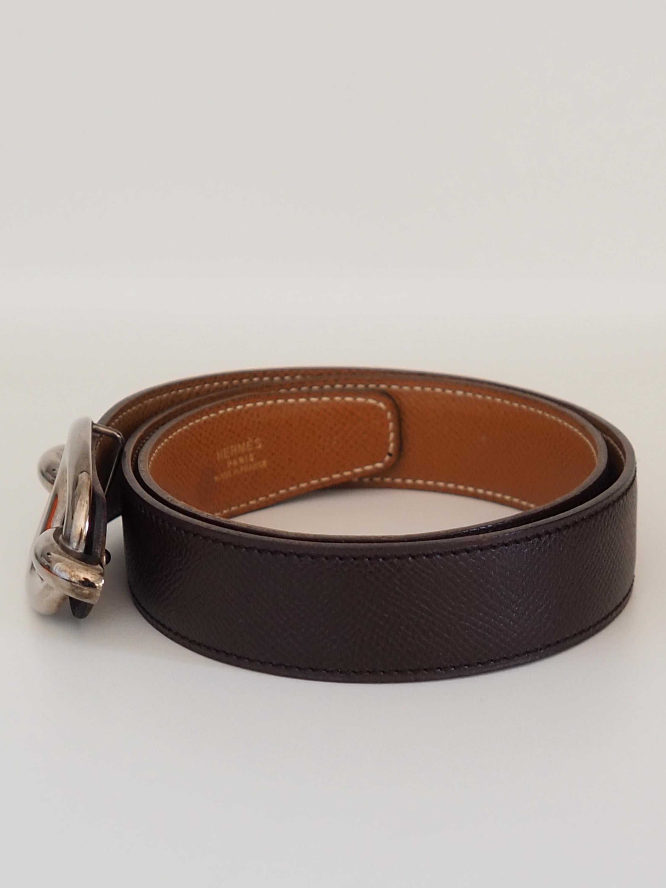 HERMES Chaine d'Ancre Belt 75 size Brown Leather Silver Metal Ladies Unisex Vintage Authentic Box