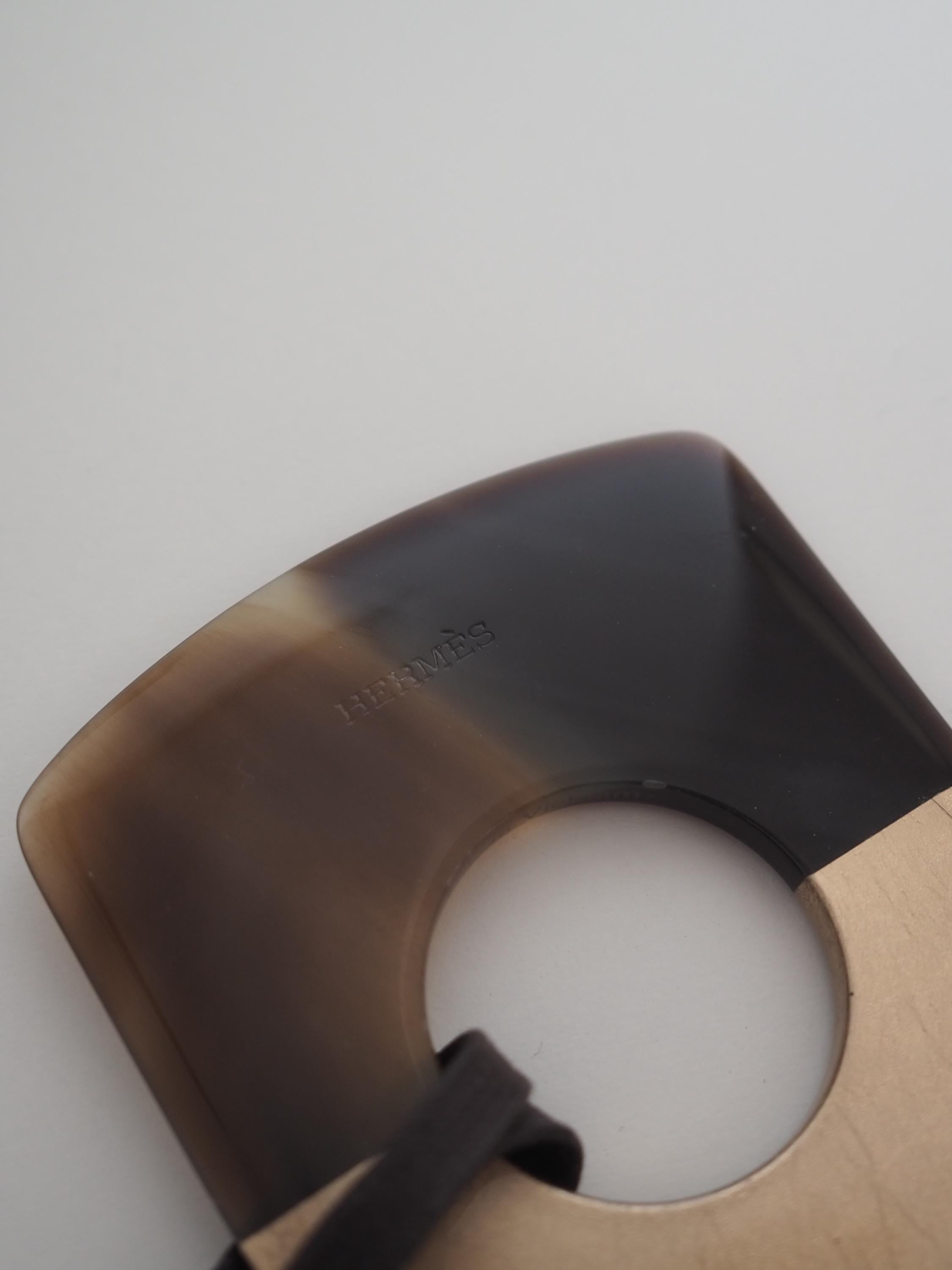 HERMES Buffalo Horn Pendant Necklace Leather Brown Gold Vintage Authentic Box