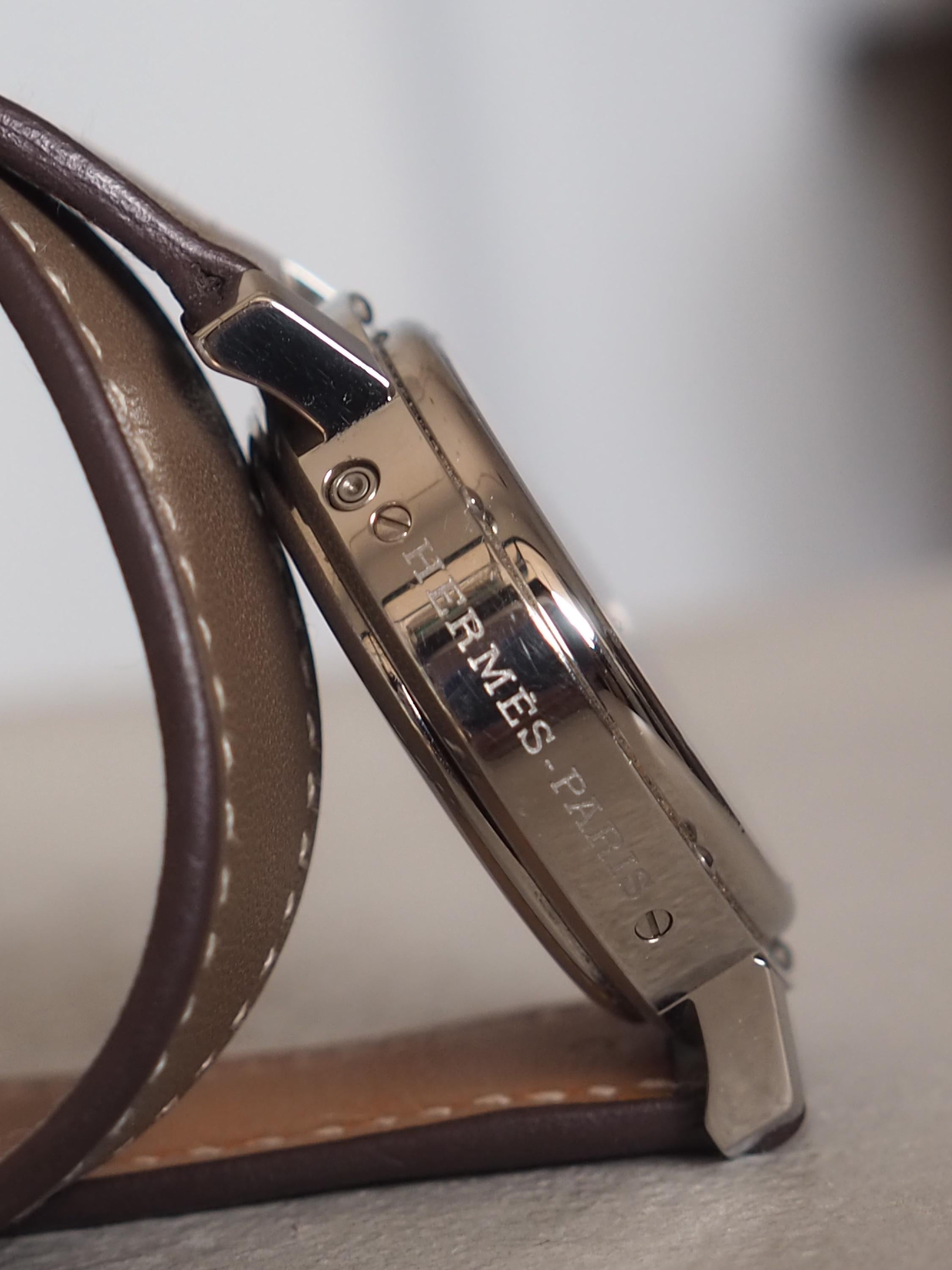 HERMES Clipper Watch Watches Men's Unisex Silver Color Stainless steel Etoupe Leather Vintage Authentic