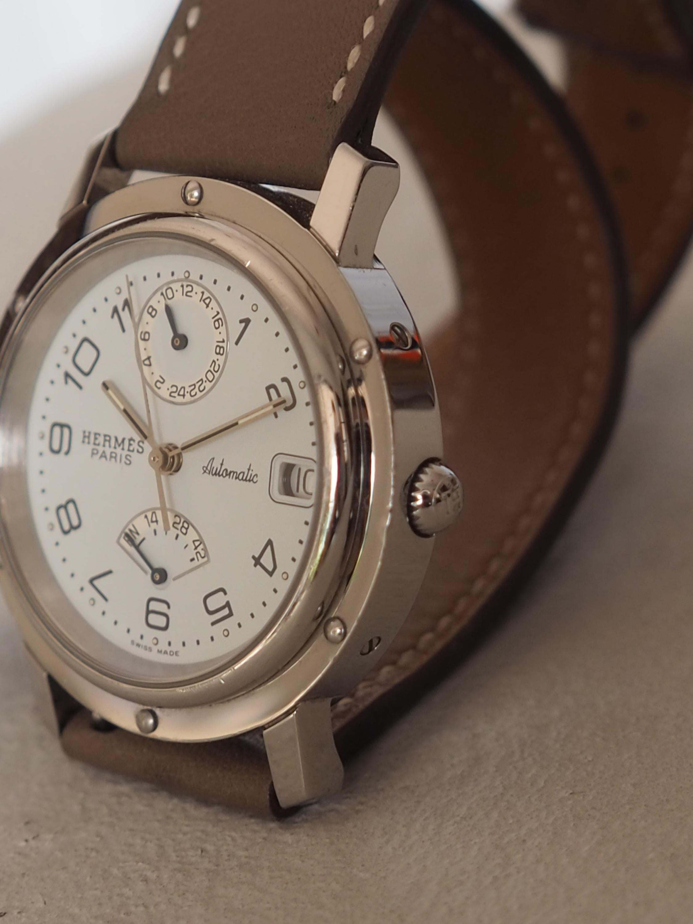 HERMES Clipper Watch Watches Men's Unisex Silver Color Stainless steel Etoupe Leather Vintage Authentic