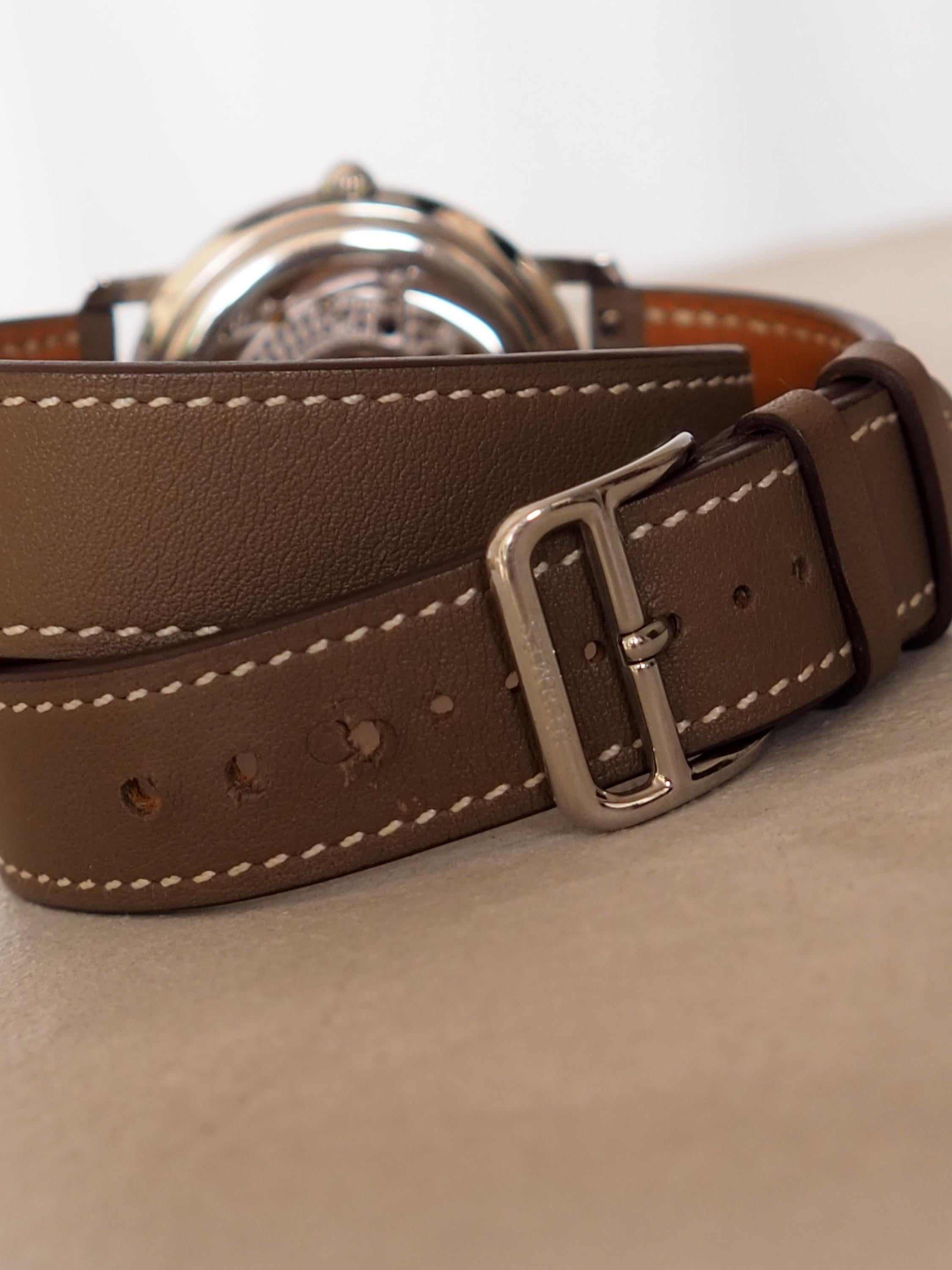 HERMES Clipper Watch Watches Men's Unisex Silver Color Stainless steel Etoupe Leather Vintage Authentic