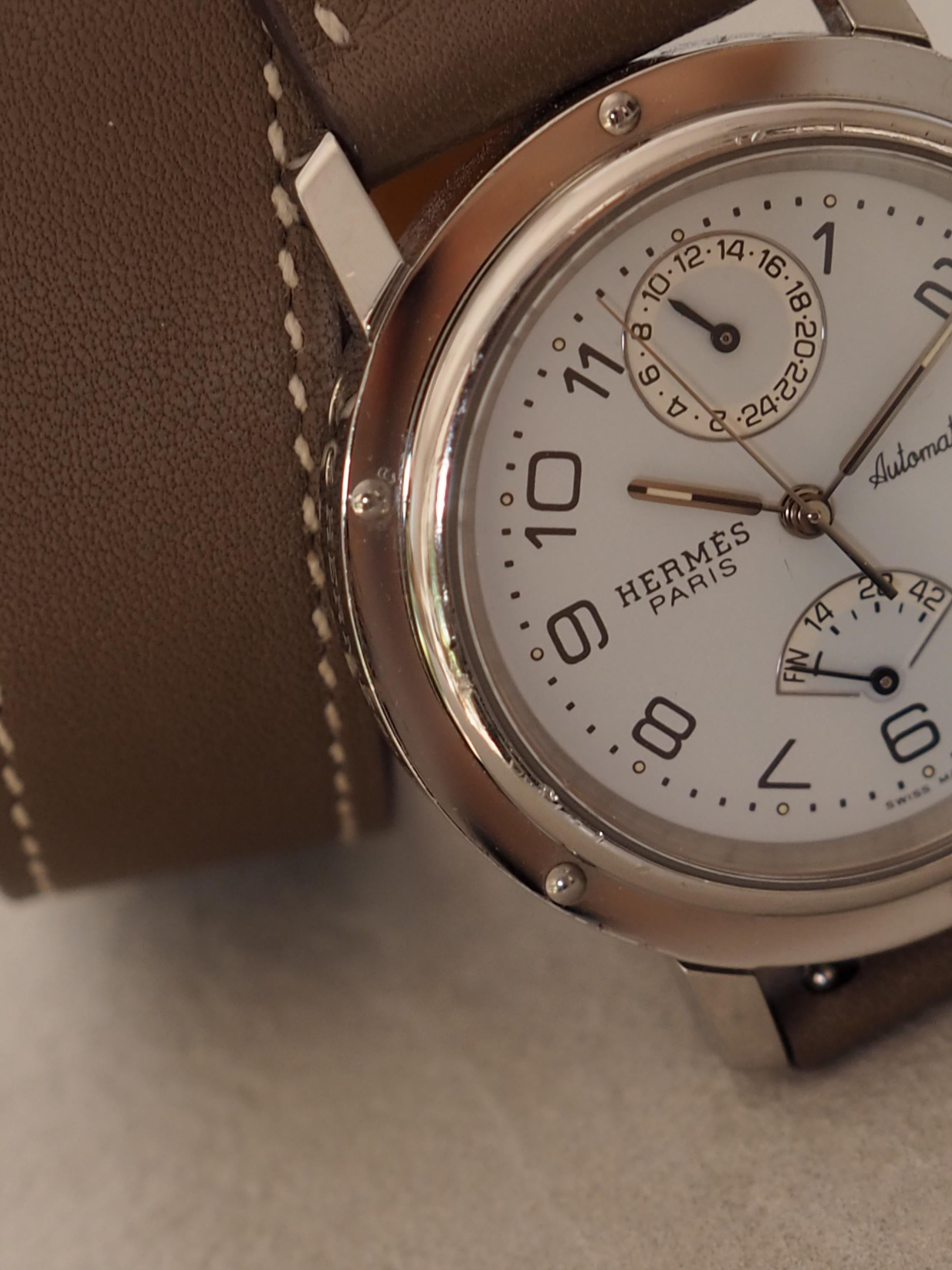 HERMES Clipper Watch Watches Men's Unisex Silver Color Stainless steel Etoupe Leather Vintage Authentic