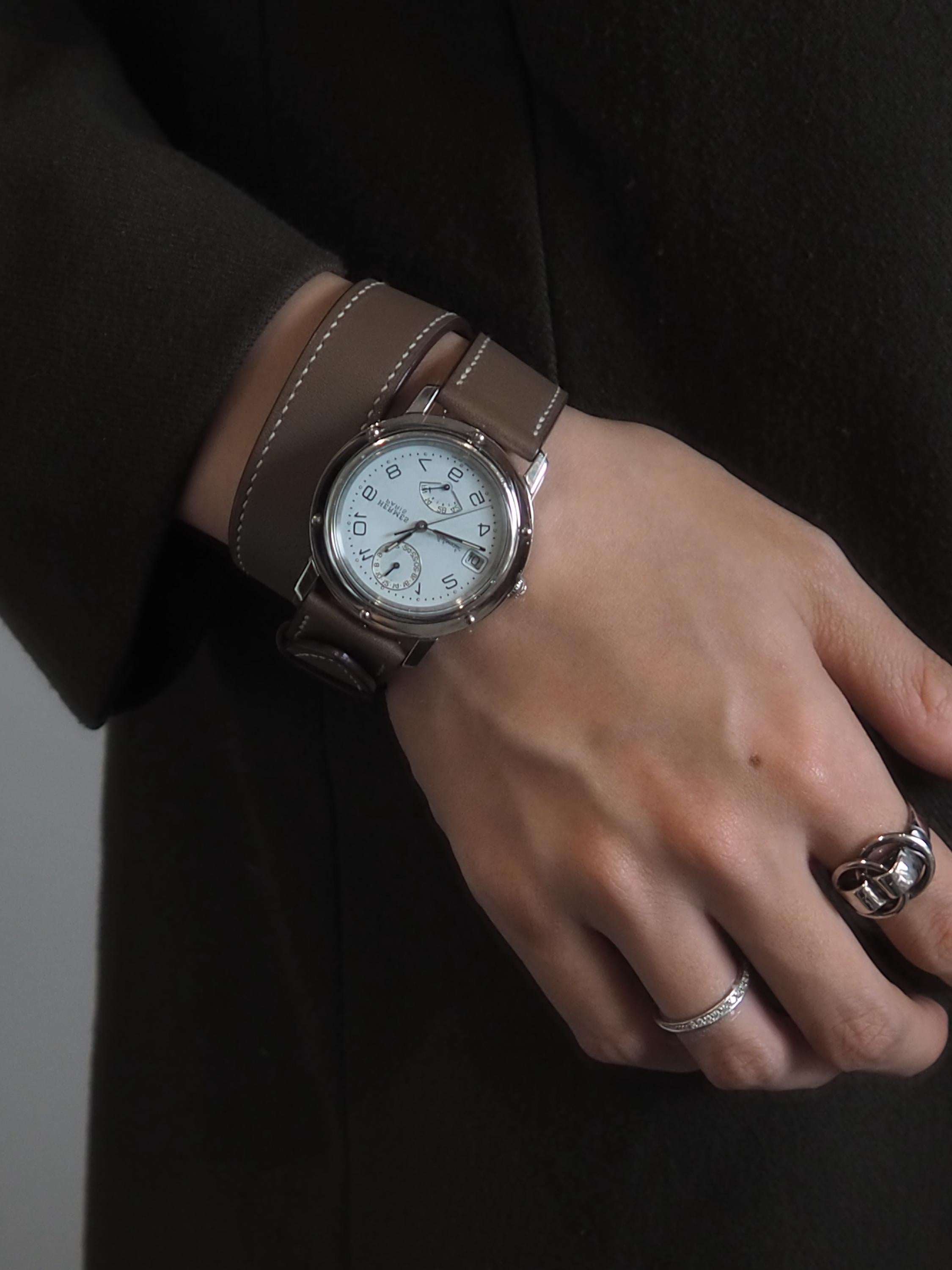 HERMES Clipper Watch Watches Men's Unisex Silver Color Stainless steel Etoupe Leather Vintage Authentic