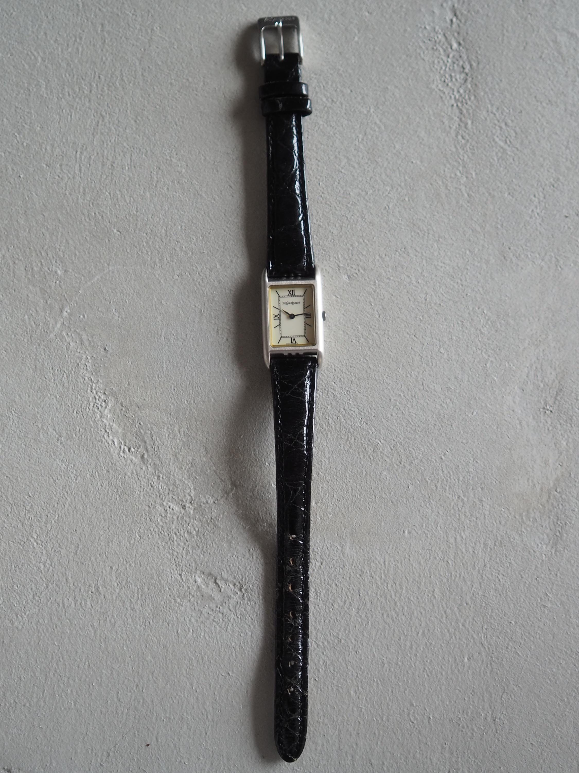 Yves Saint Laurent YSL Square Watch Wristwatch Logo Silver color Stainless steel Black Leather Vintage Authentic