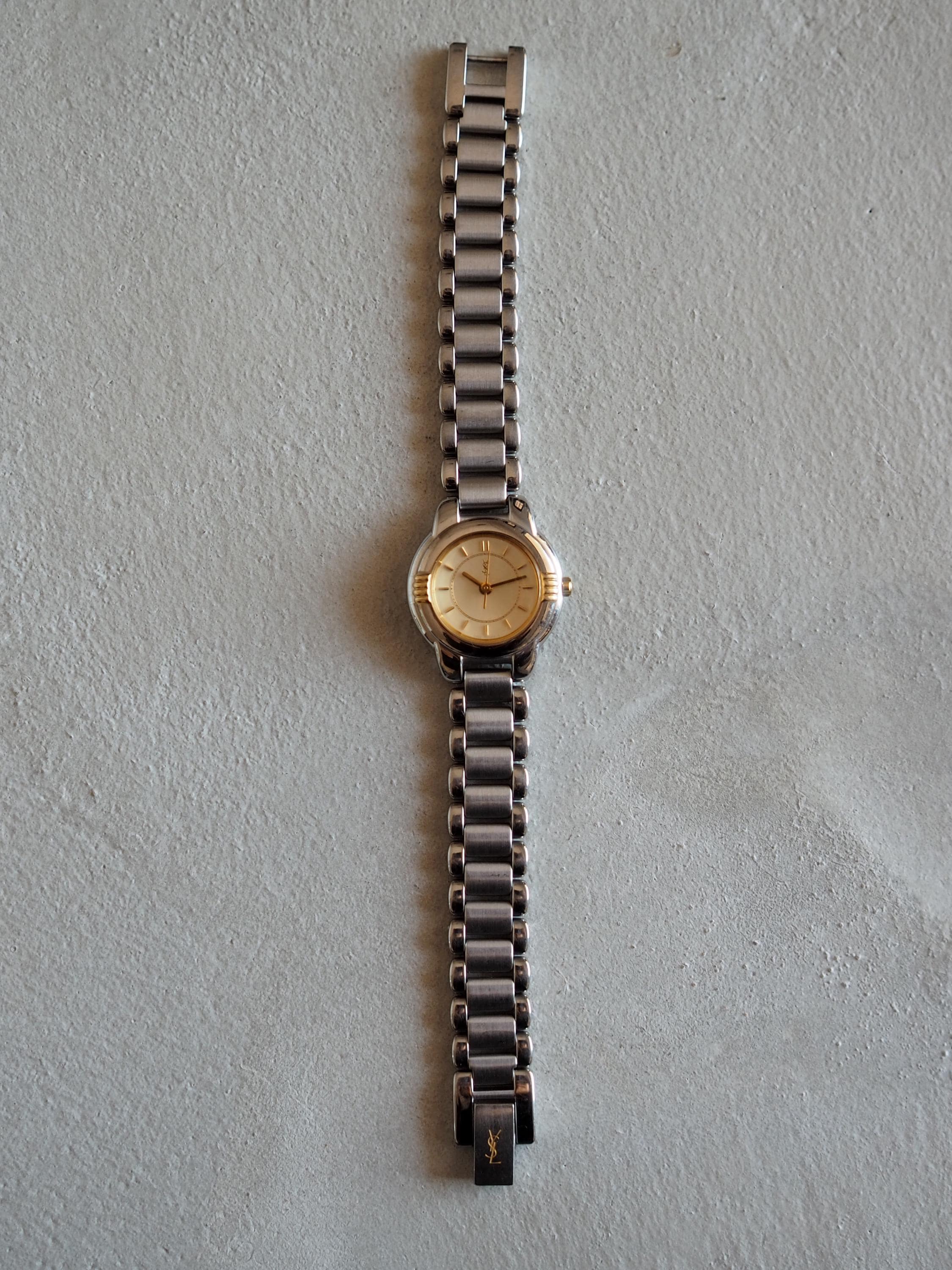 Yves Saint Laurent YSL Watch Wristwatch Logo Silver Gold color Stainless steel Vintage Authentic