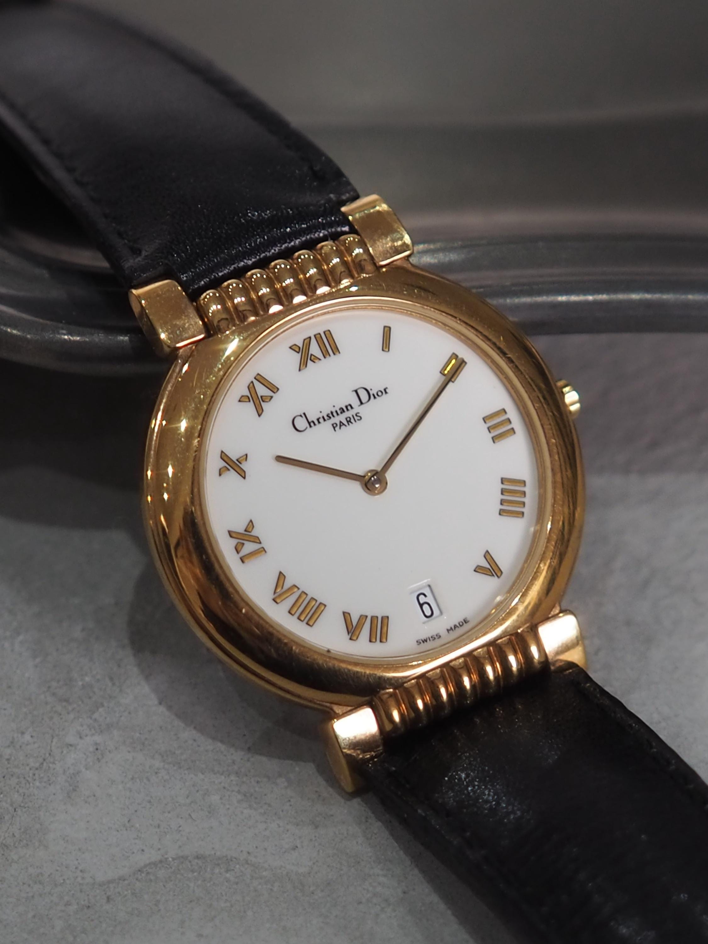 Christian Dior Round Roman Watch Gold Metal Leather Quartz Wristwatch Unisex Vintage Authentic