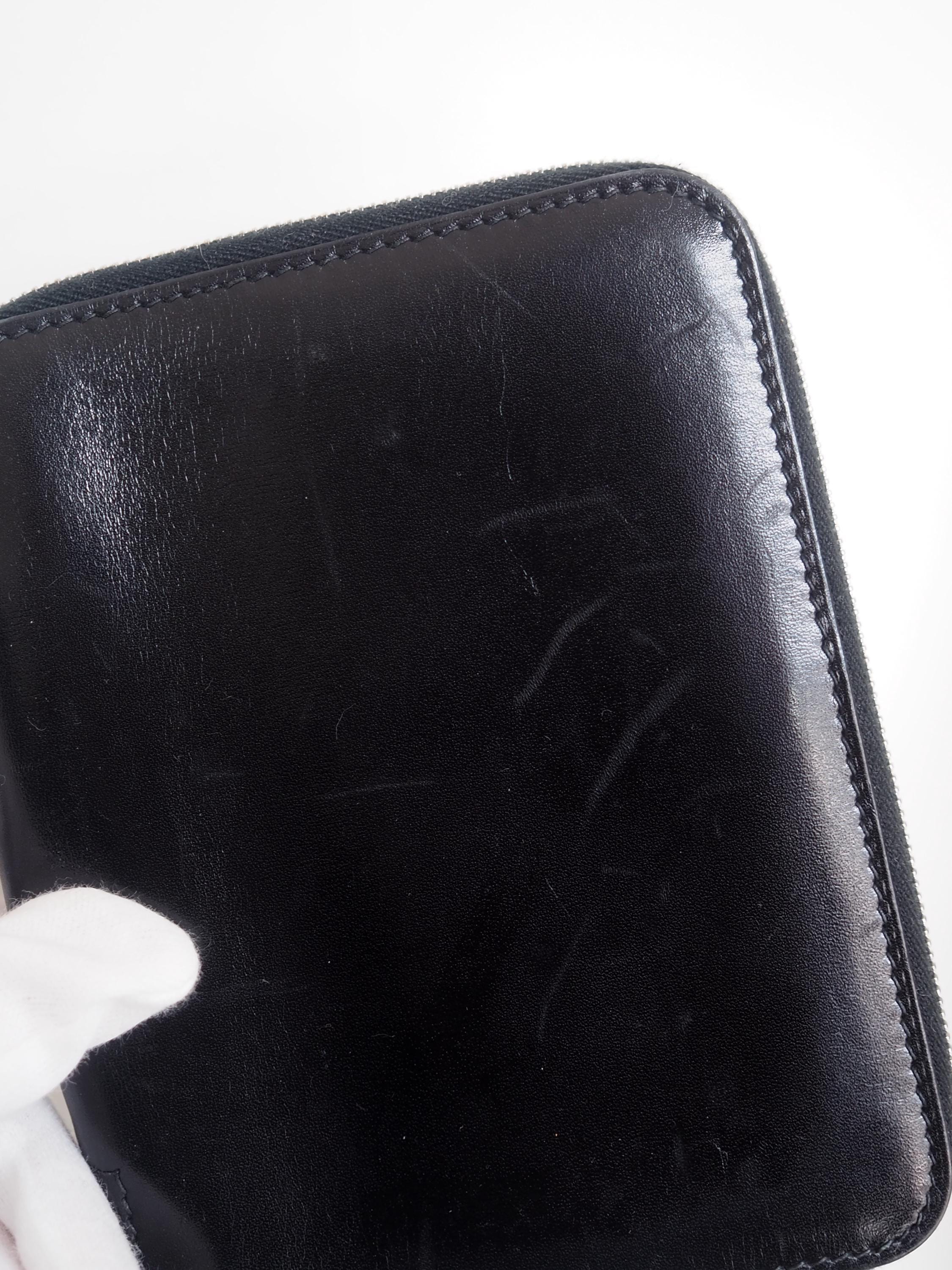 HERMES Agenda Card Purse Wallet Organizer Case Passport Black Leather Box calf Silver Metal Vintage Authentic