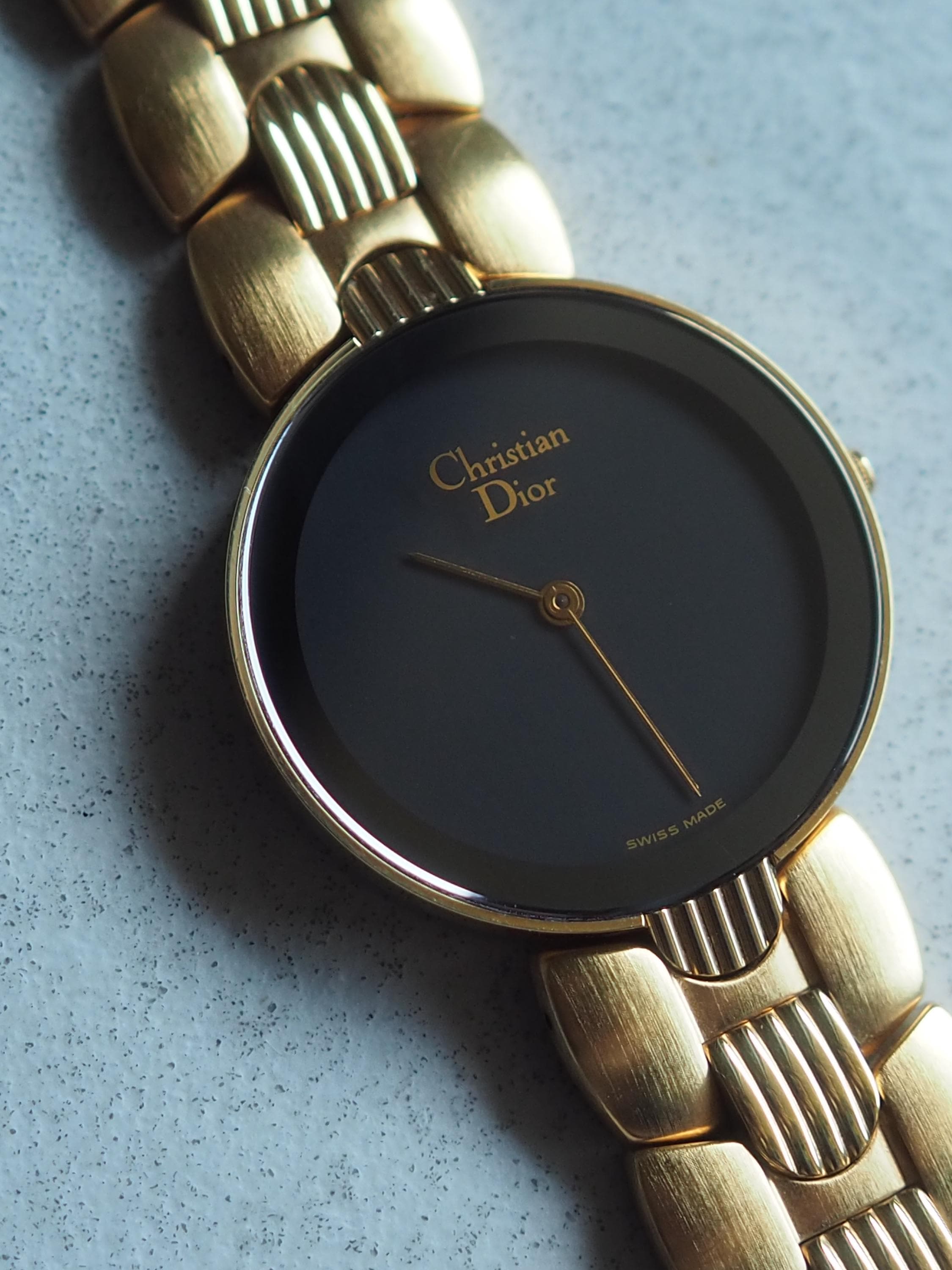 Christian Dior Bagheera Watch Gold Metal Quartz Black Moon Wristwatch Unisex Mens Ladies Vintage Authentic