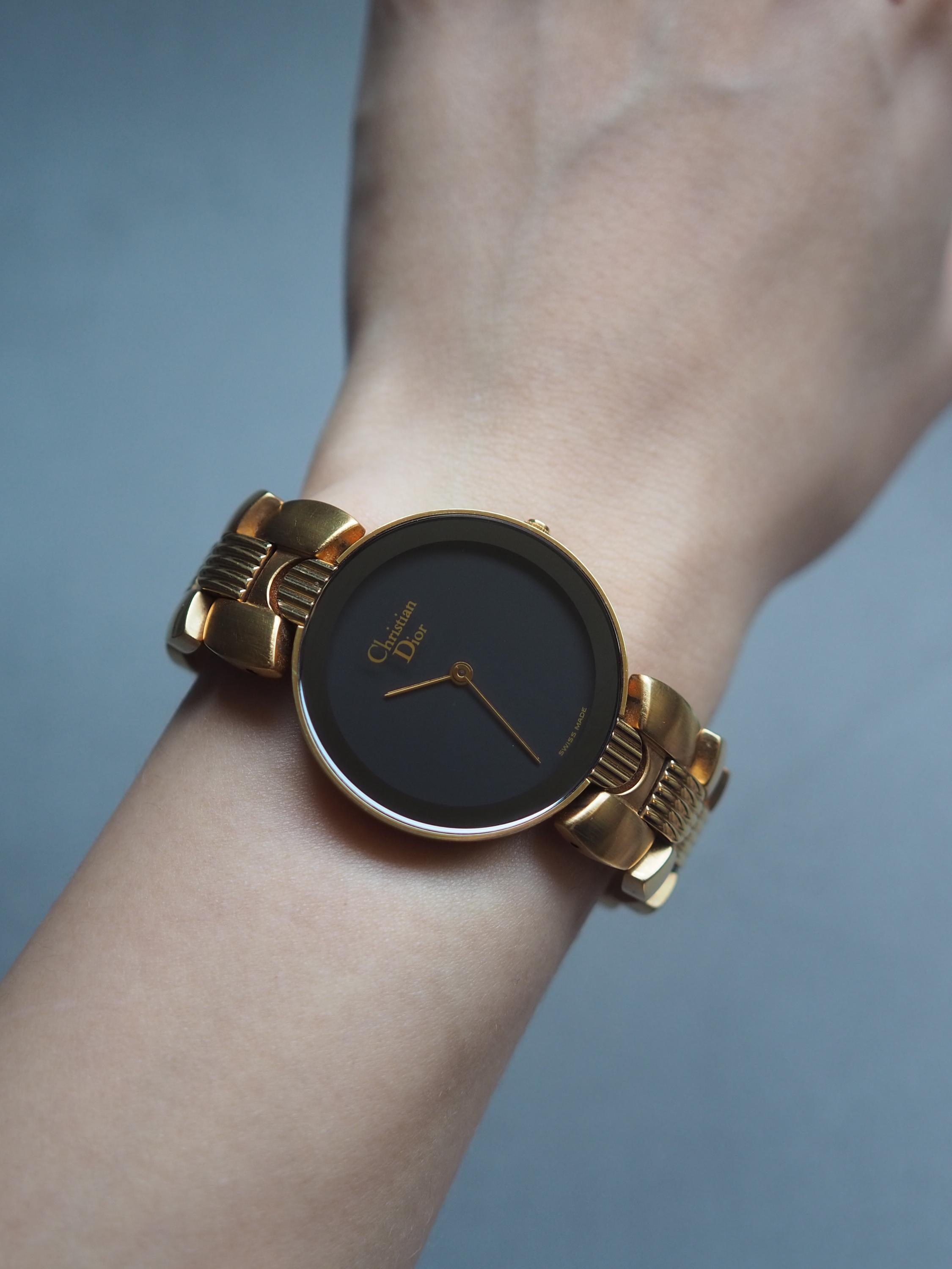 Christian Dior Bagheera Watch Gold Metal Quartz Black Moon Wristwatch Unisex Mens Ladies Vintage Authentic