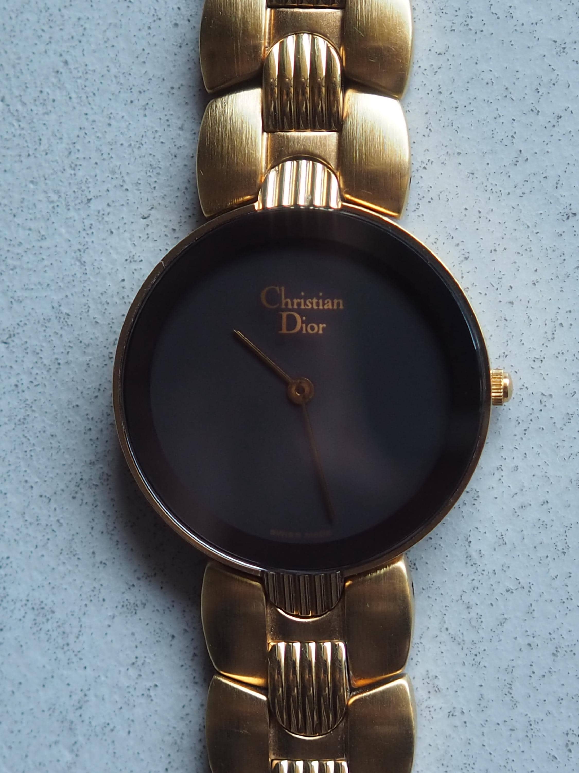 Christian Dior Bagheera Watch Gold Metal Quartz Black Moon Wristwatch Unisex Mens Ladies Vintage Authentic