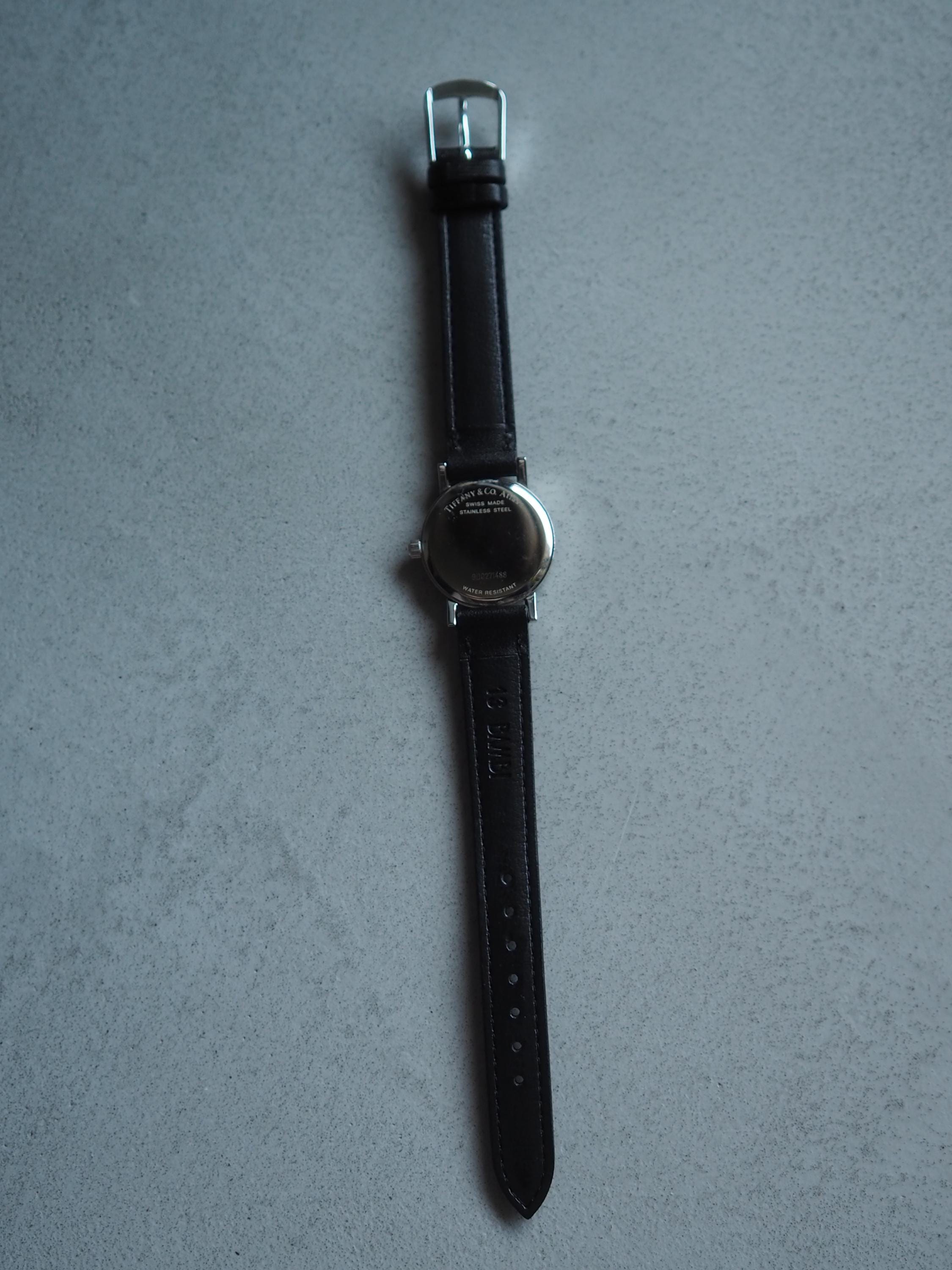 Tiffany & Co Classic Round Watch Silver Metal Black Leather Stainless Steel Quartz Wristwatch