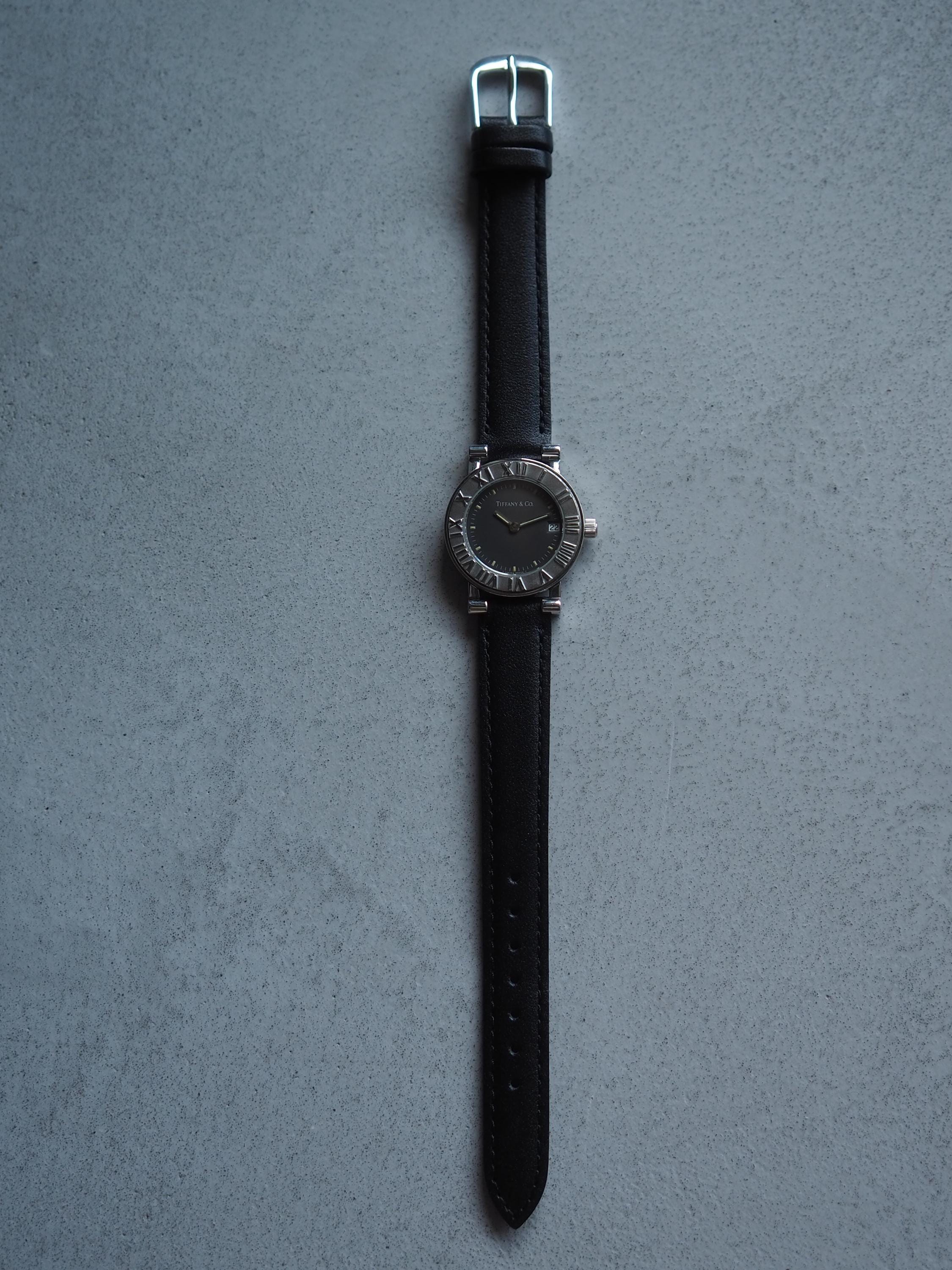 Tiffany & Co Classic Round Watch Silver Metal Black Leather Stainless Steel Quartz Wristwatch