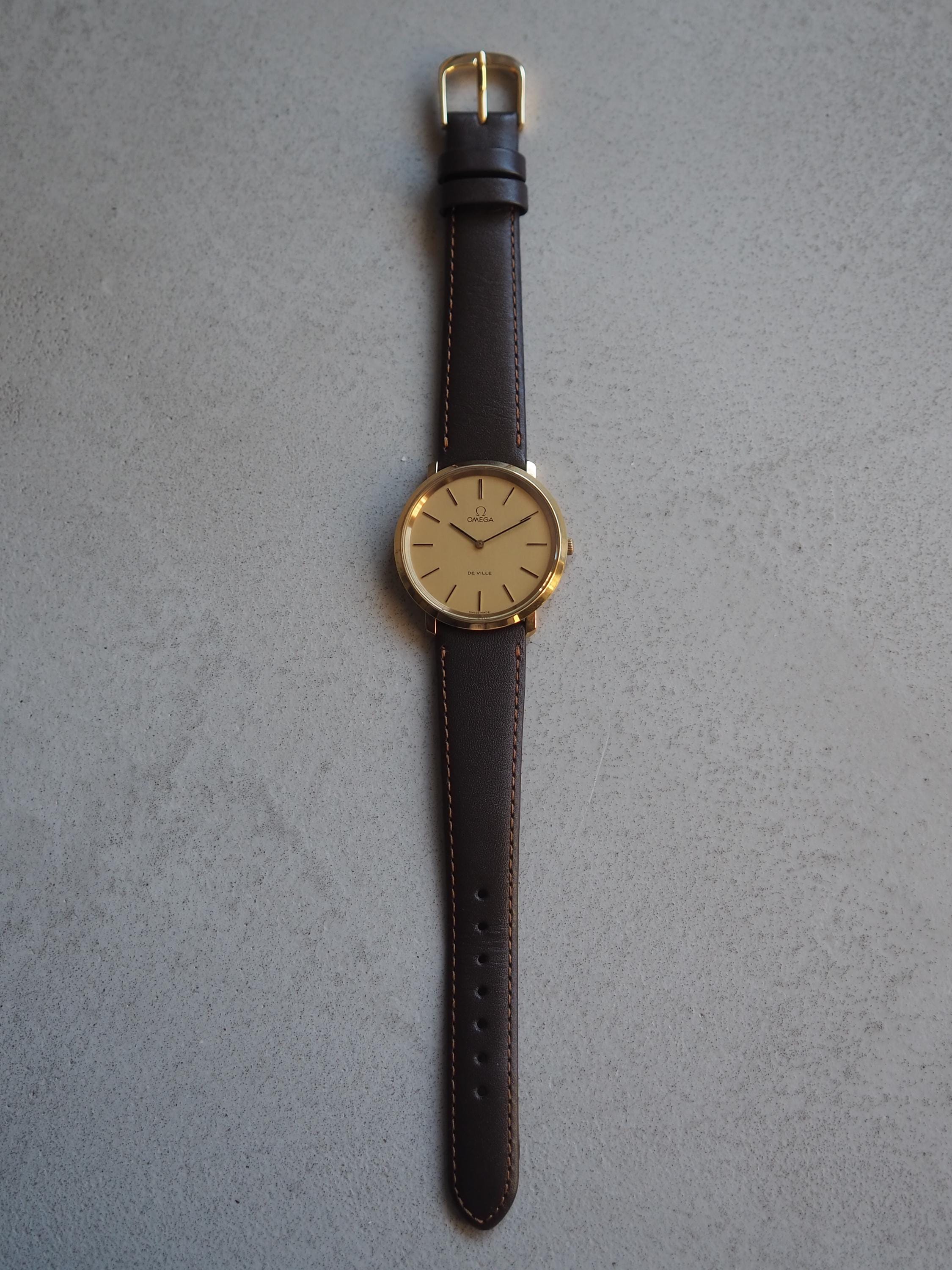 OMEGA DE VILLE Watch Round Gold Color Stainless steel Brown Leather Men's Unisex Vintage Antique Authentic