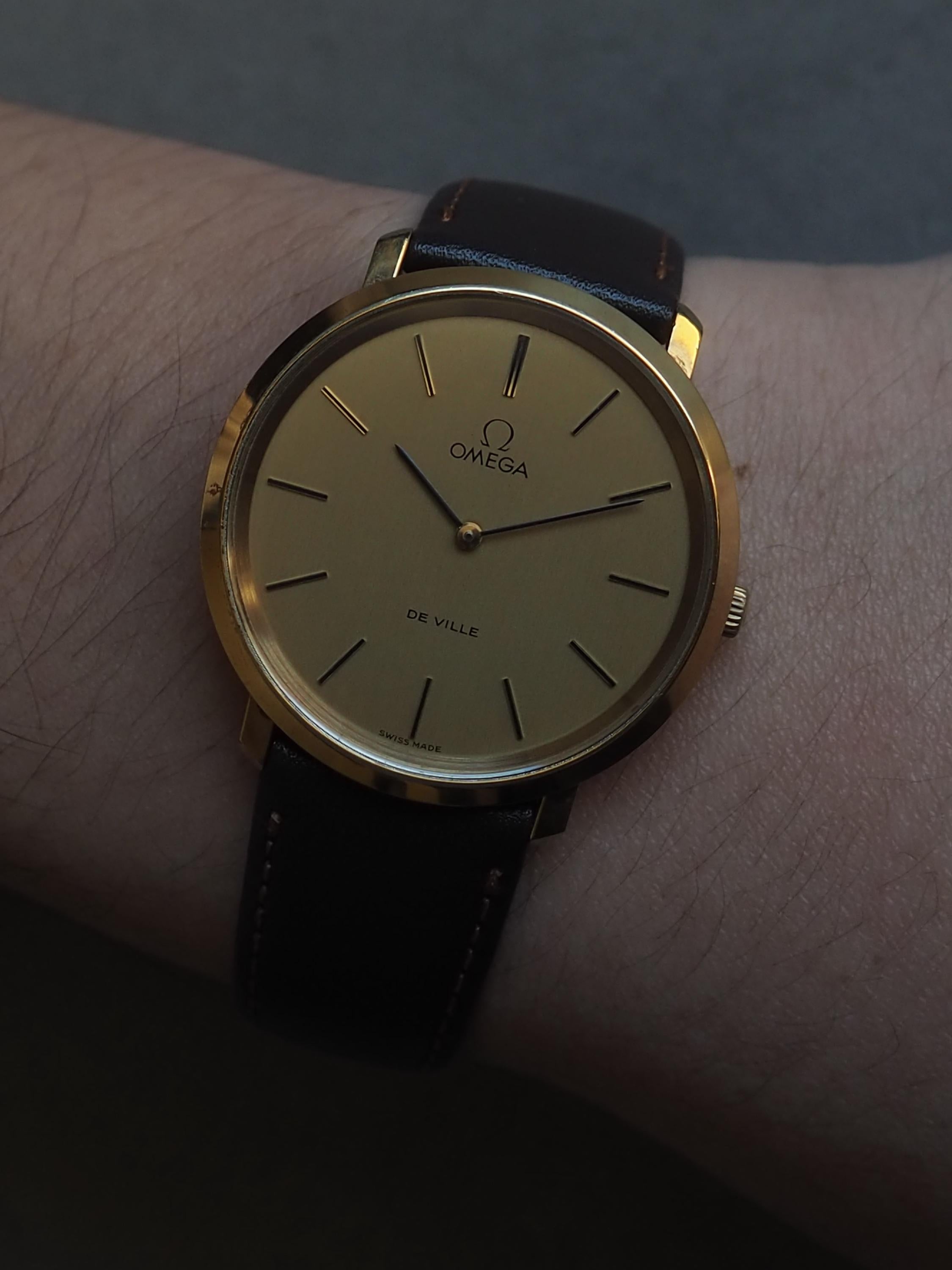 OMEGA DE VILLE Watch Round Gold Color Stainless steel Brown Leather Men's Unisex Vintage Antique Authentic