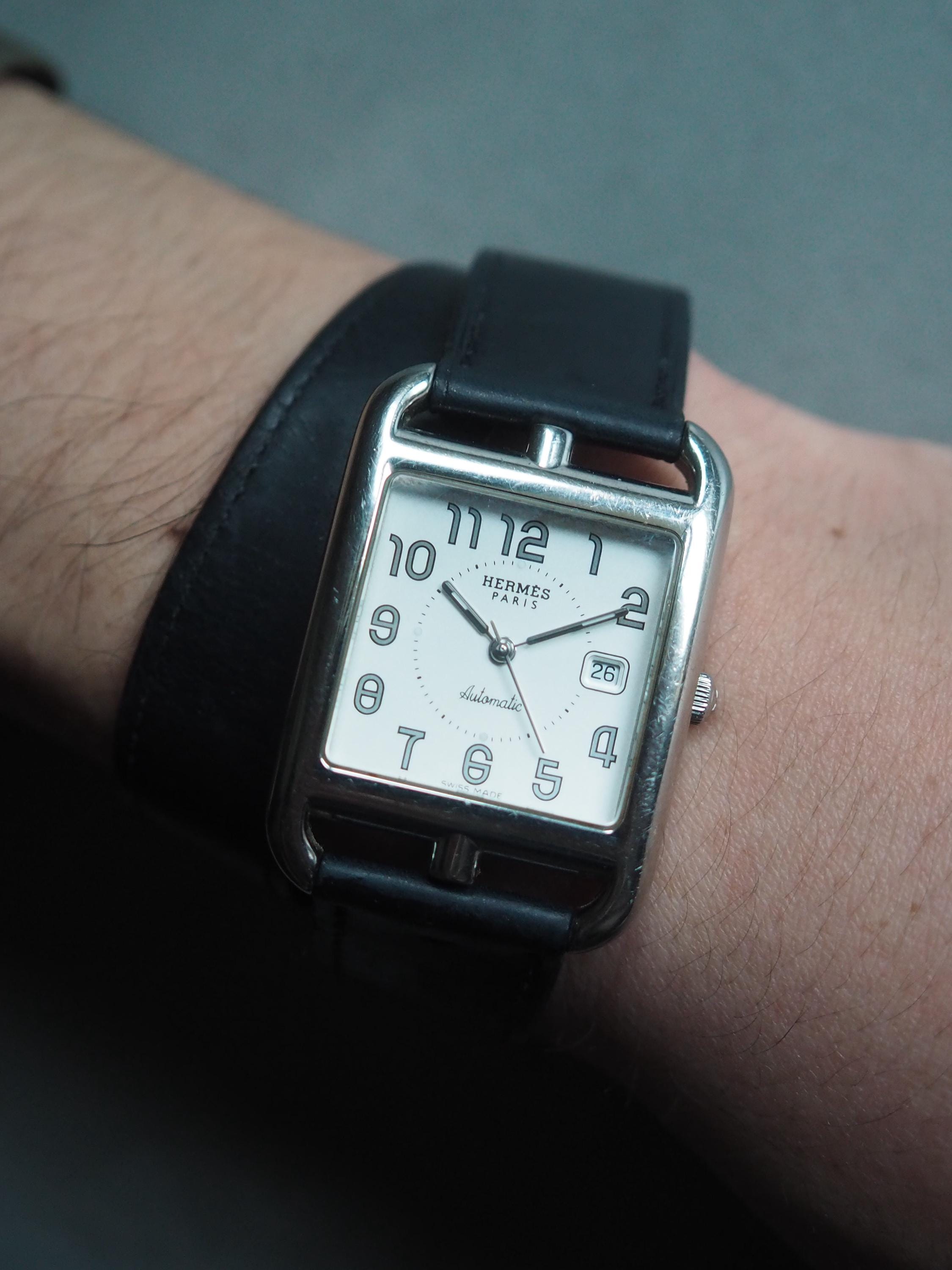 HERMES Cape Cod Watch Wristwatch Double Tour Silver Black CC1.710 Quartz Dial Men's Unisex Vintage Authentic