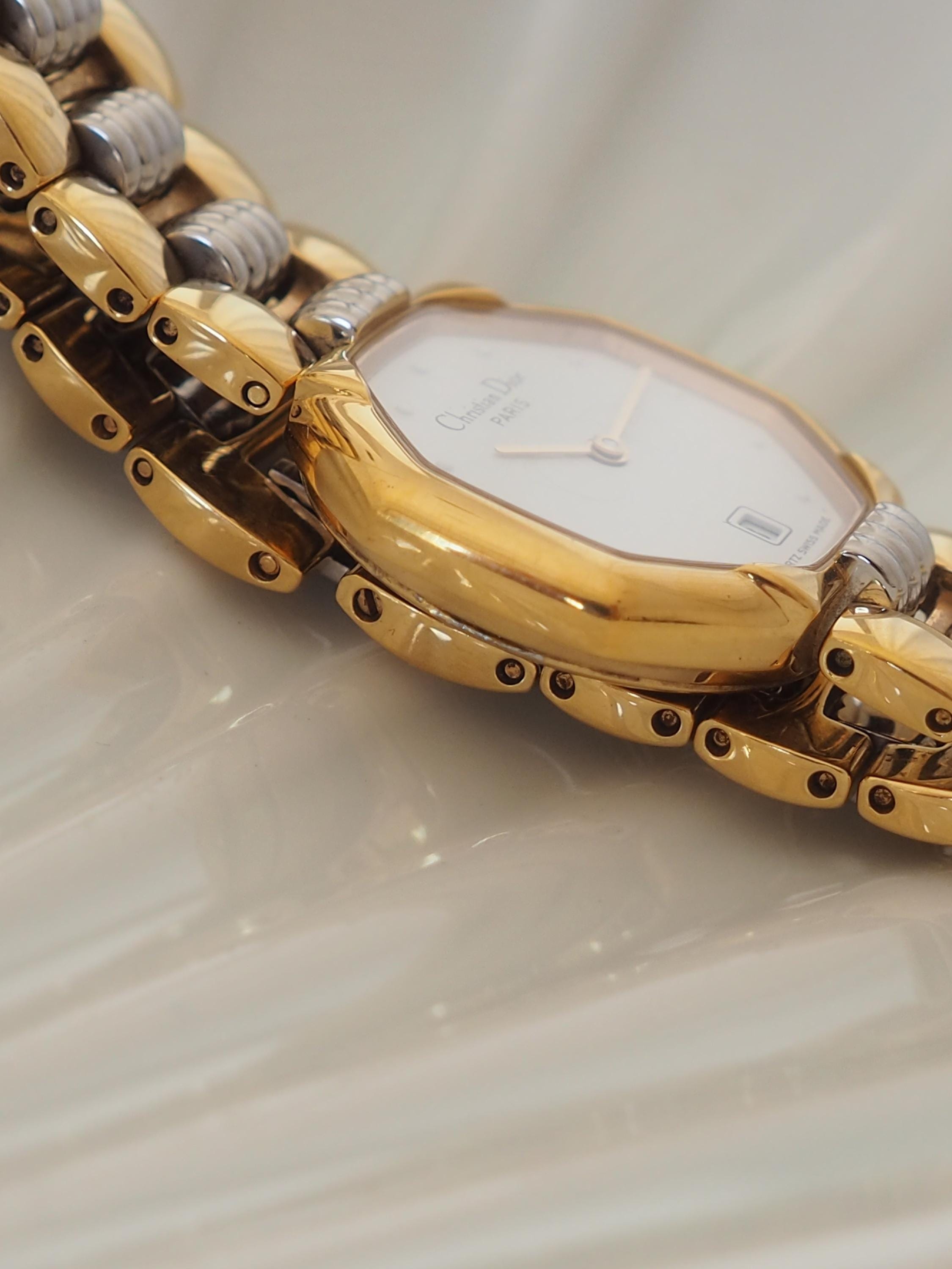 Christian Dior Octagon Watch Gold Silver Metal Quartz Wristwatch Ladies Vintage Authentic