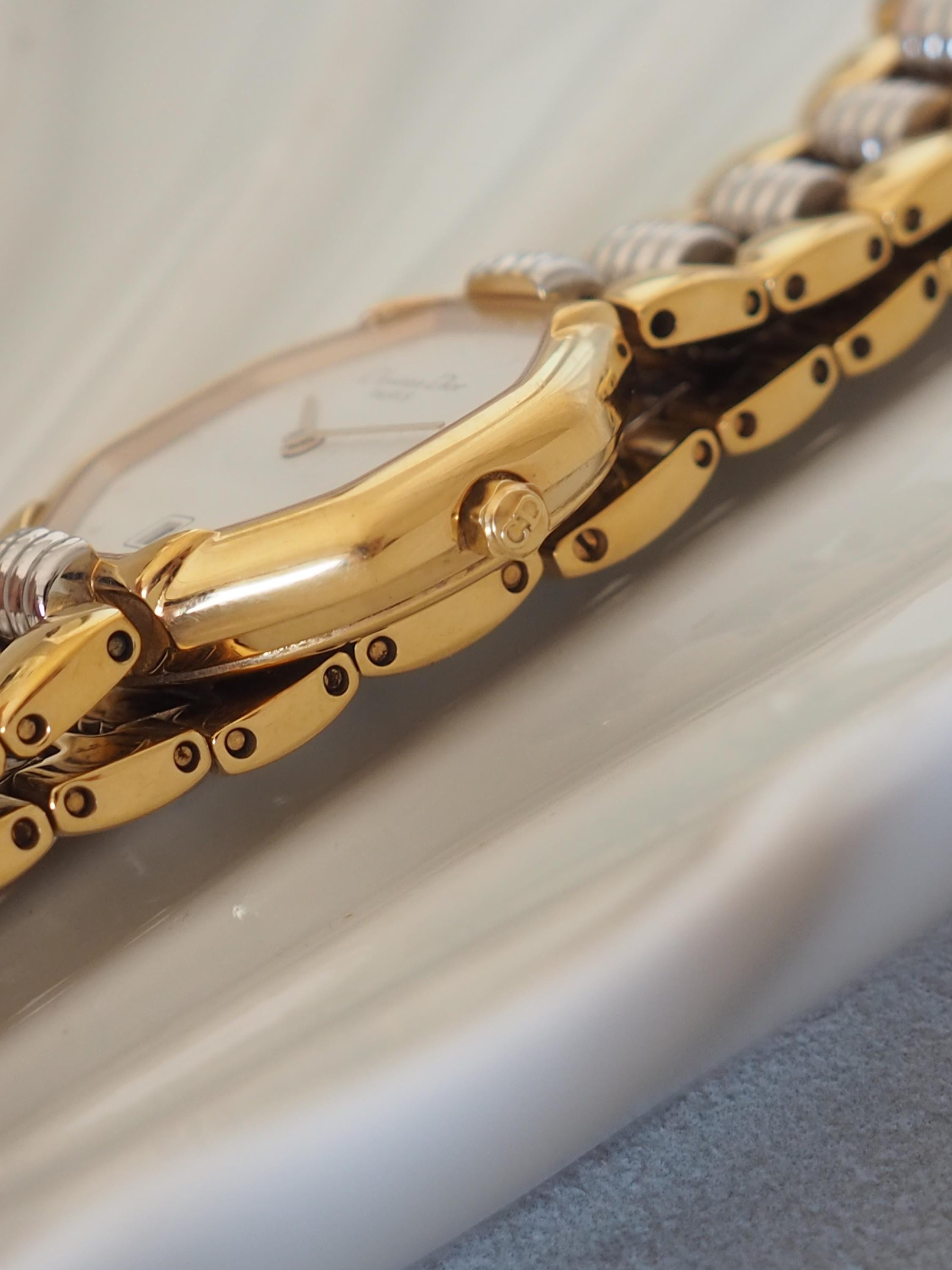 Christian Dior Octagon Watch Gold Silver Metal Quartz Wristwatch Ladies Vintage Authentic