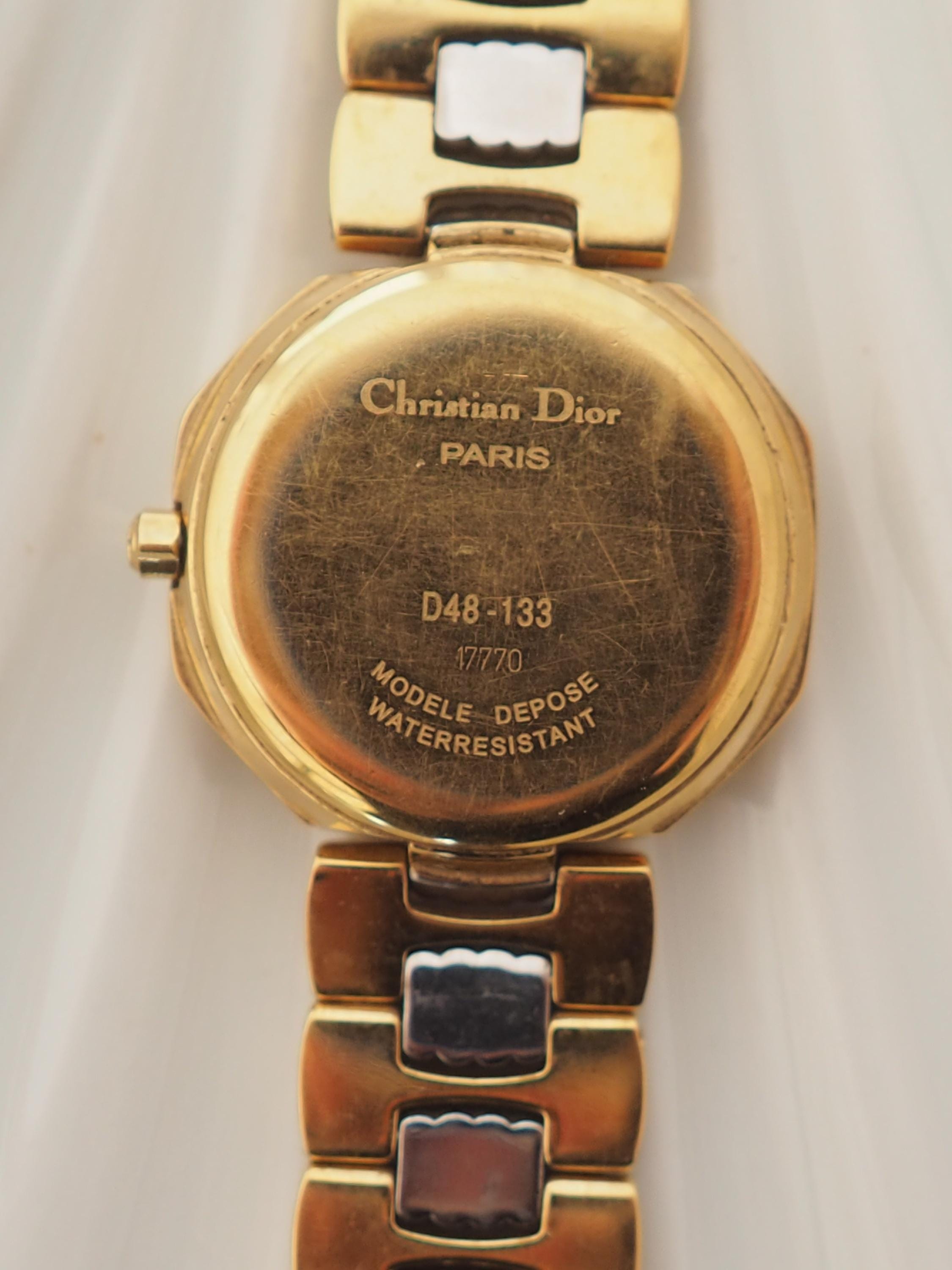 Christian Dior Octagon Watch Gold Silver Metal Quartz Wristwatch Ladies Vintage Authentic