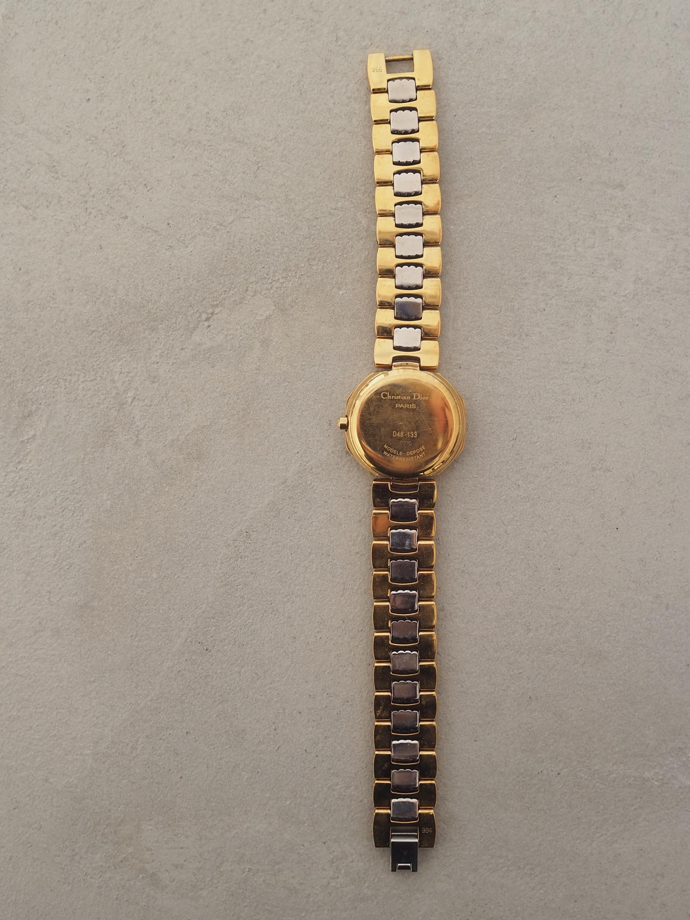 Christian Dior Octagon Watch Gold Silver Metal Quartz Wristwatch Ladies Vintage Authentic