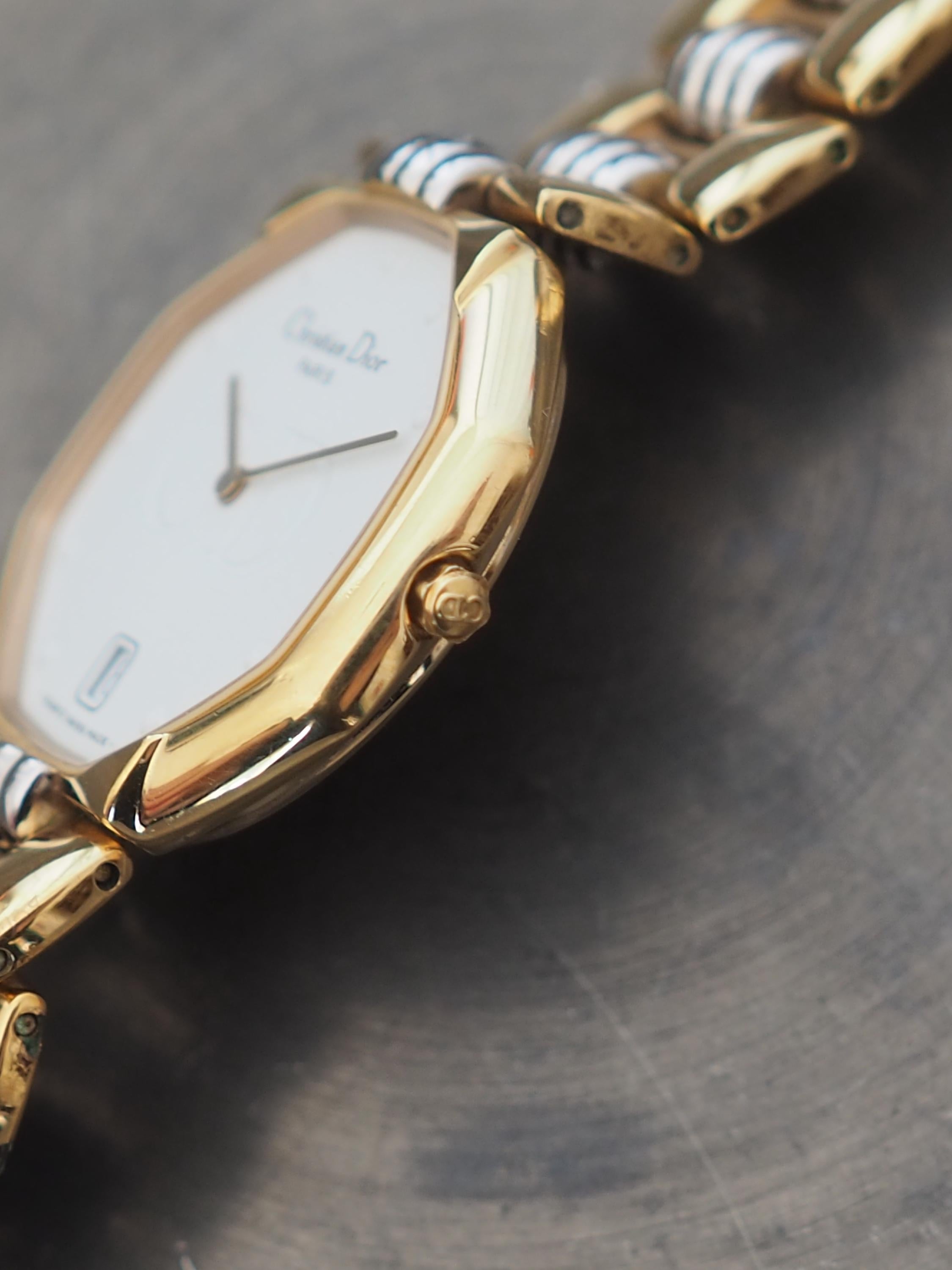 Christian Dior Octagon Watch Gold Silver Metal Quartz Wristwatch Unisex Mens Ladies Vintage Authentic