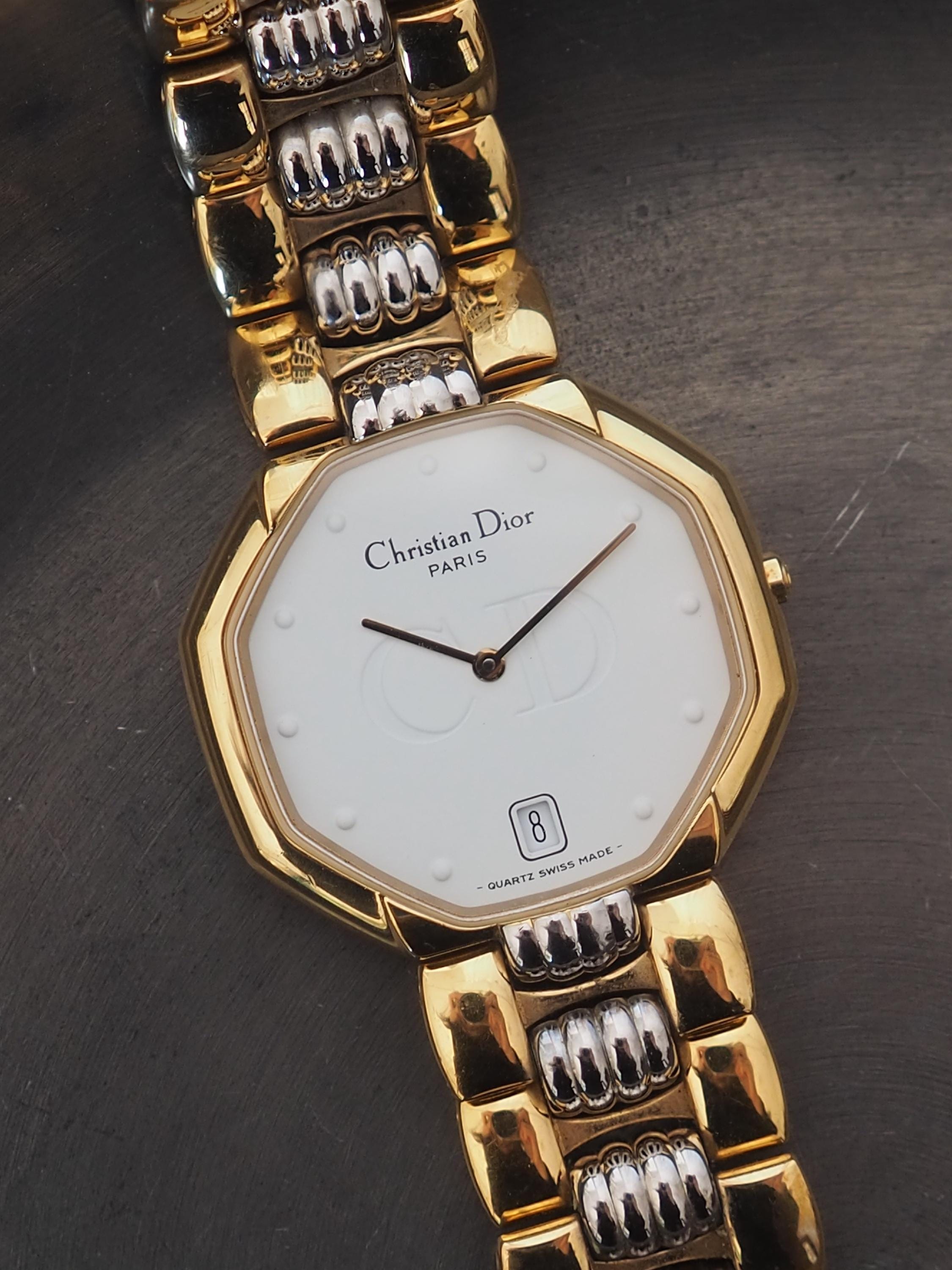 Christian Dior Octagon Watch Gold Silver Metal Quartz Wristwatch Unisex Mens Ladies Vintage Authentic