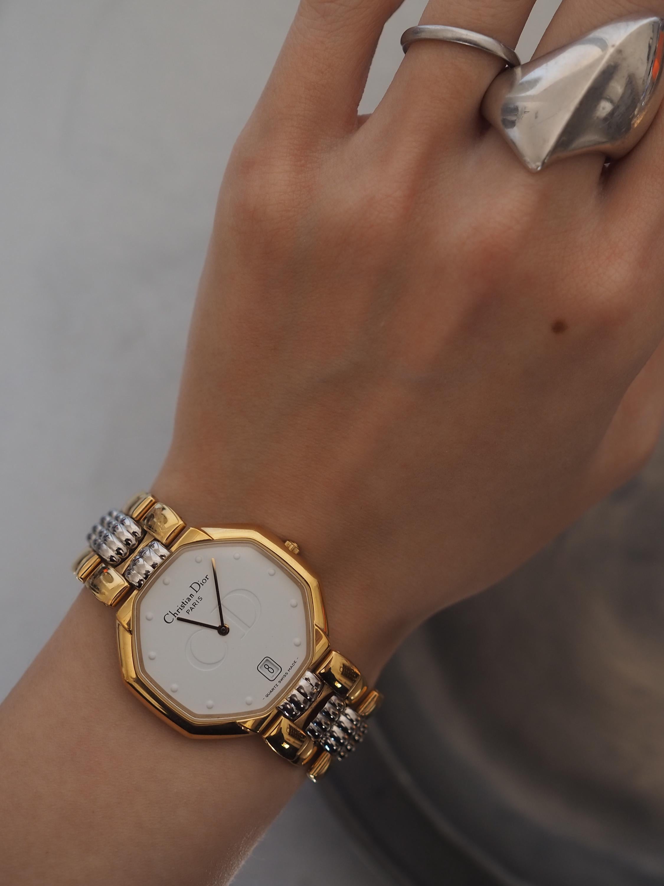 Christian Dior Octagon Watch Gold Silver Metal Quartz Wristwatch Unisex Mens Ladies Vintage Authentic