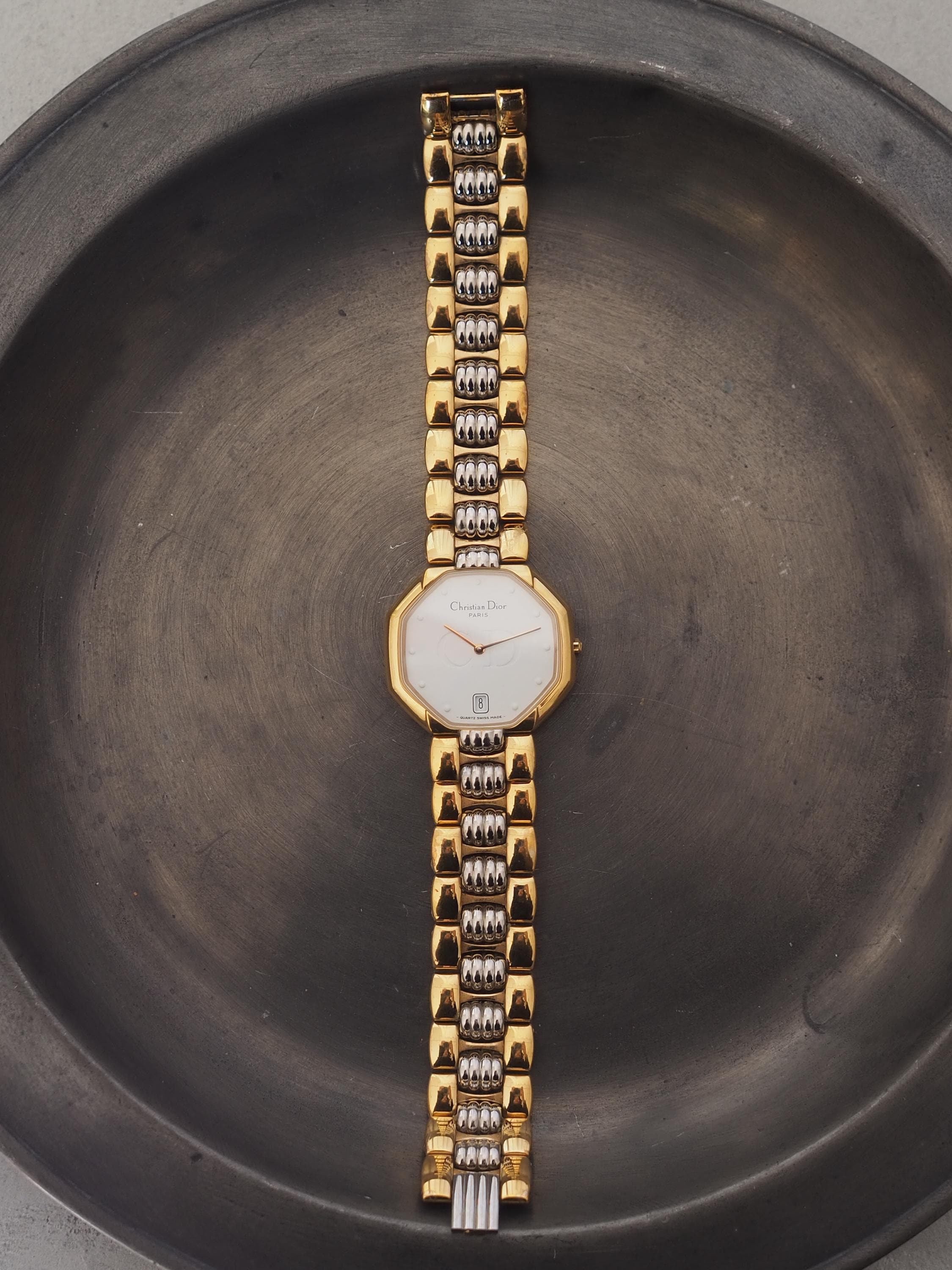 Christian Dior Octagon Watch Gold Silver Metal Quartz Wristwatch Unisex Mens Ladies Vintage Authentic