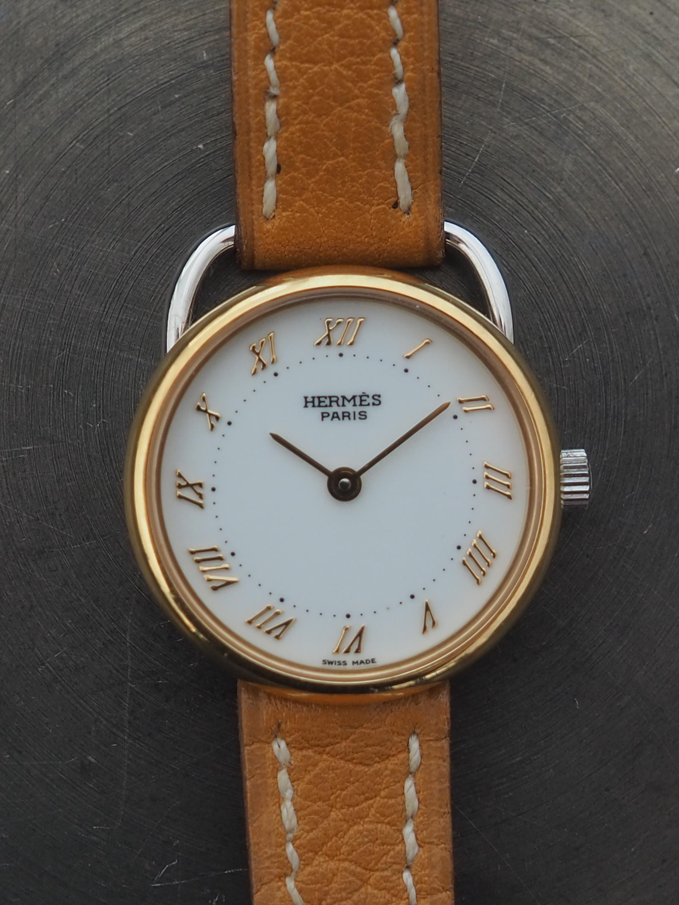 HERMES Also Watch Silver Gold Color Stainless steel Leather Belt Camel Ladies Vintage Authentic