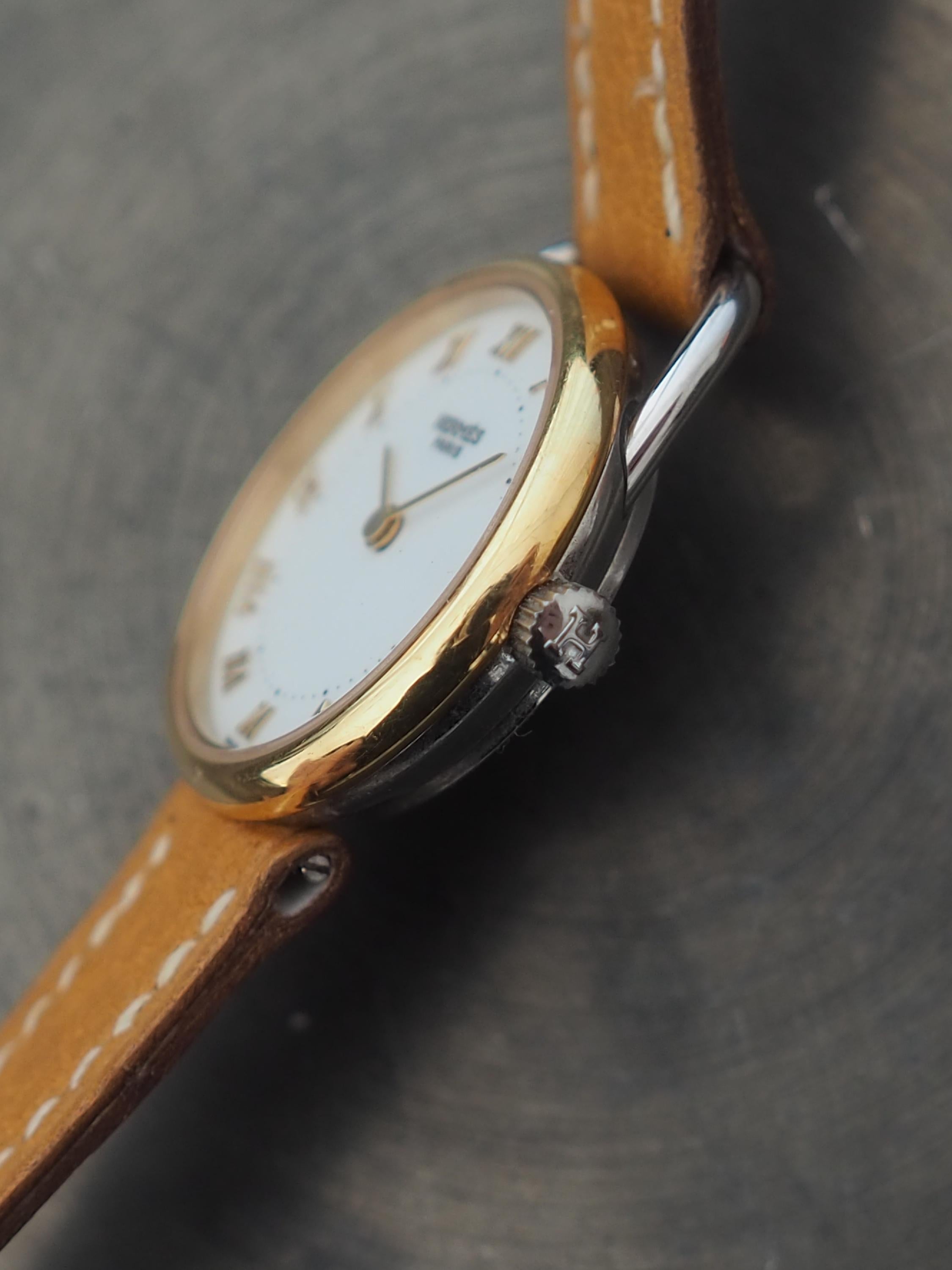 HERMES Also Watch Silver Gold Color Stainless steel Leather Belt Camel Ladies Vintage Authentic