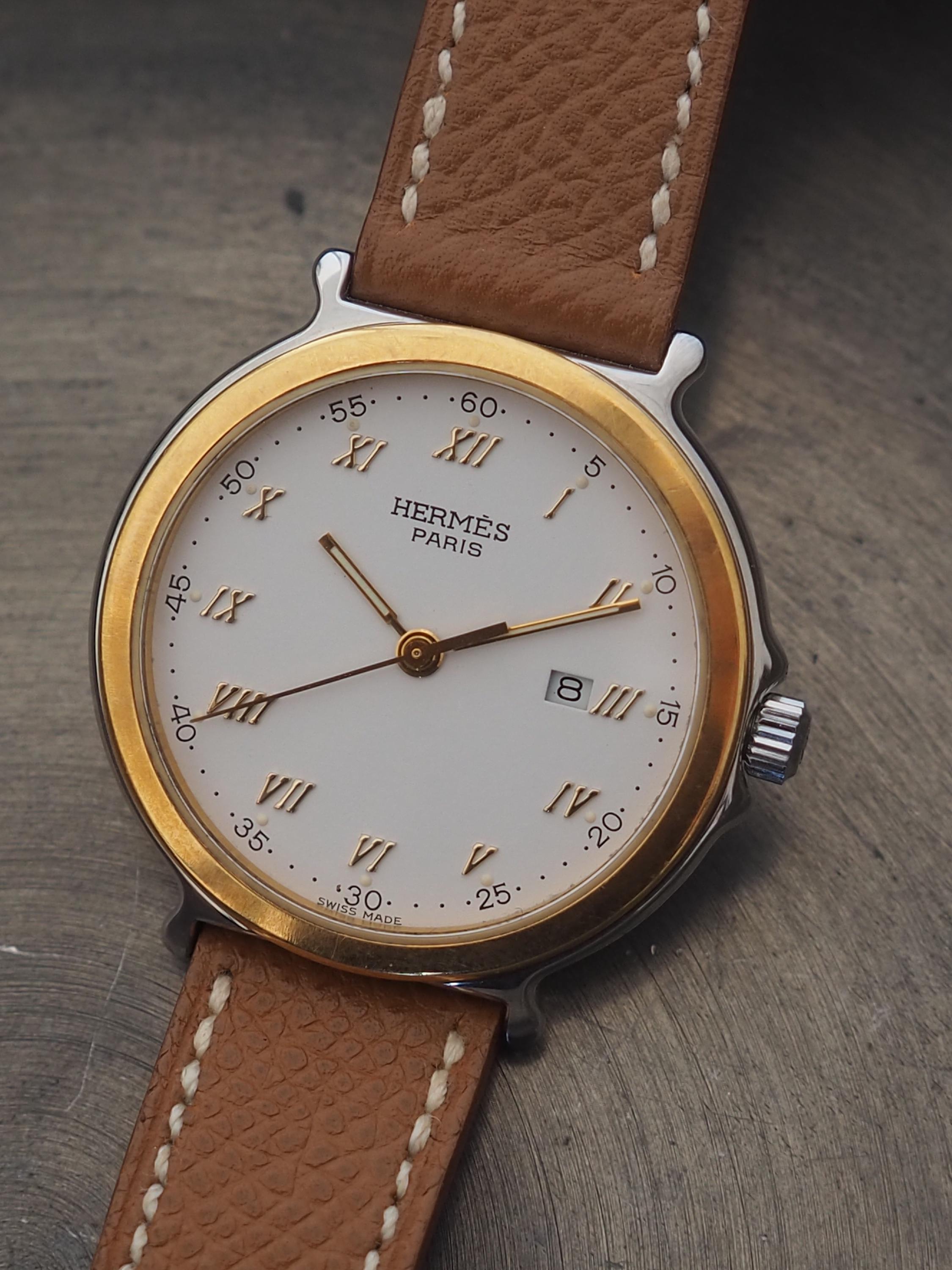 HERMES Carrick Watch Watches Stainless Steel Leather Belt Unisex Mens Ladies Silver Gold Color Combi Watch Wristwatch Quartz Vintage