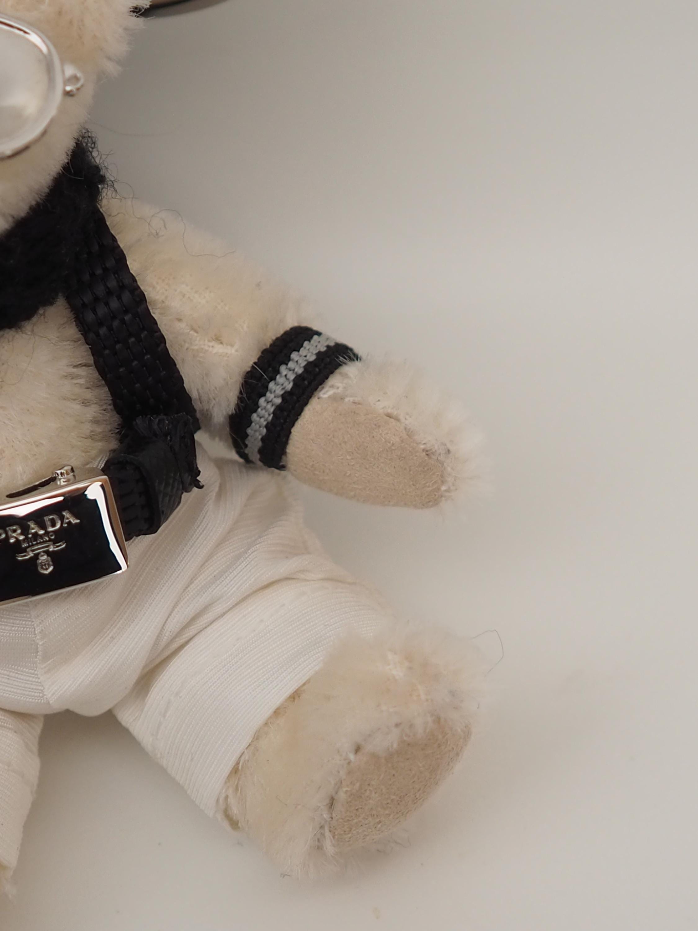 PRADA Teddy Bear keychain Key Charm White Mohair Silver Metal Authentic Vintage Box
