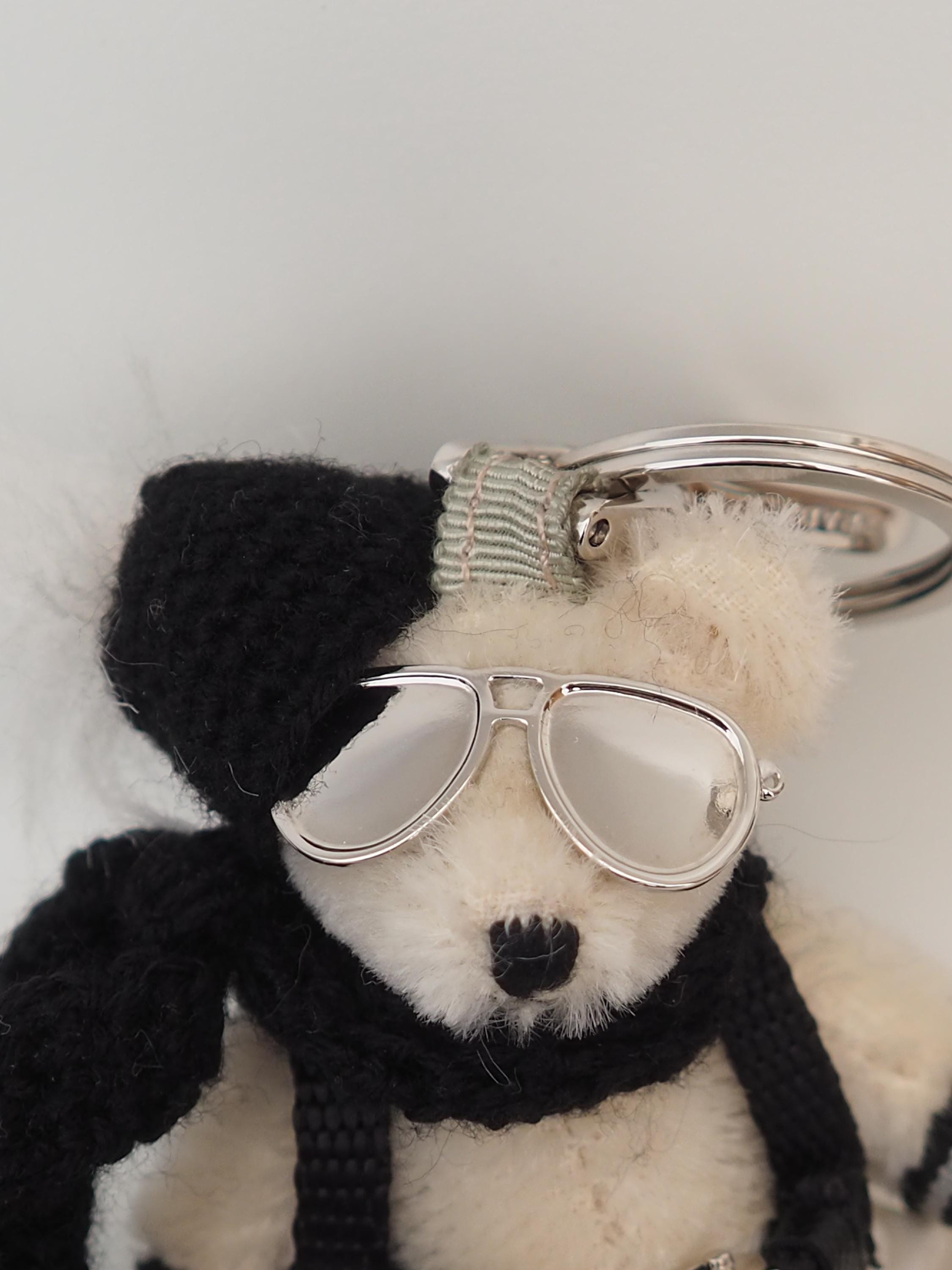 PRADA Teddy Bear keychain Key Charm White Mohair Silver Metal Authentic Vintage Box