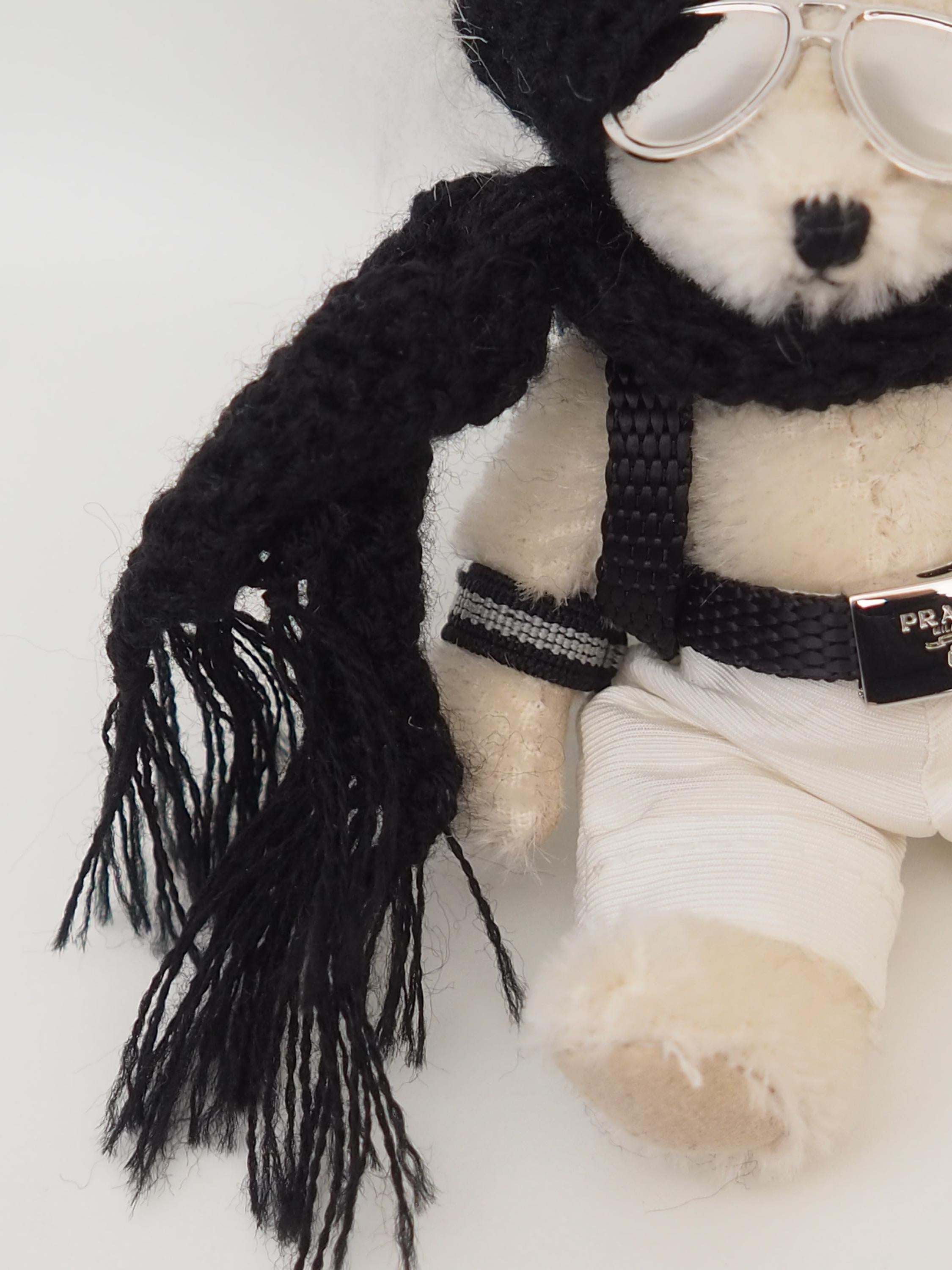 PRADA Teddy Bear keychain Key Charm White Mohair Silver Metal Authentic Vintage Box