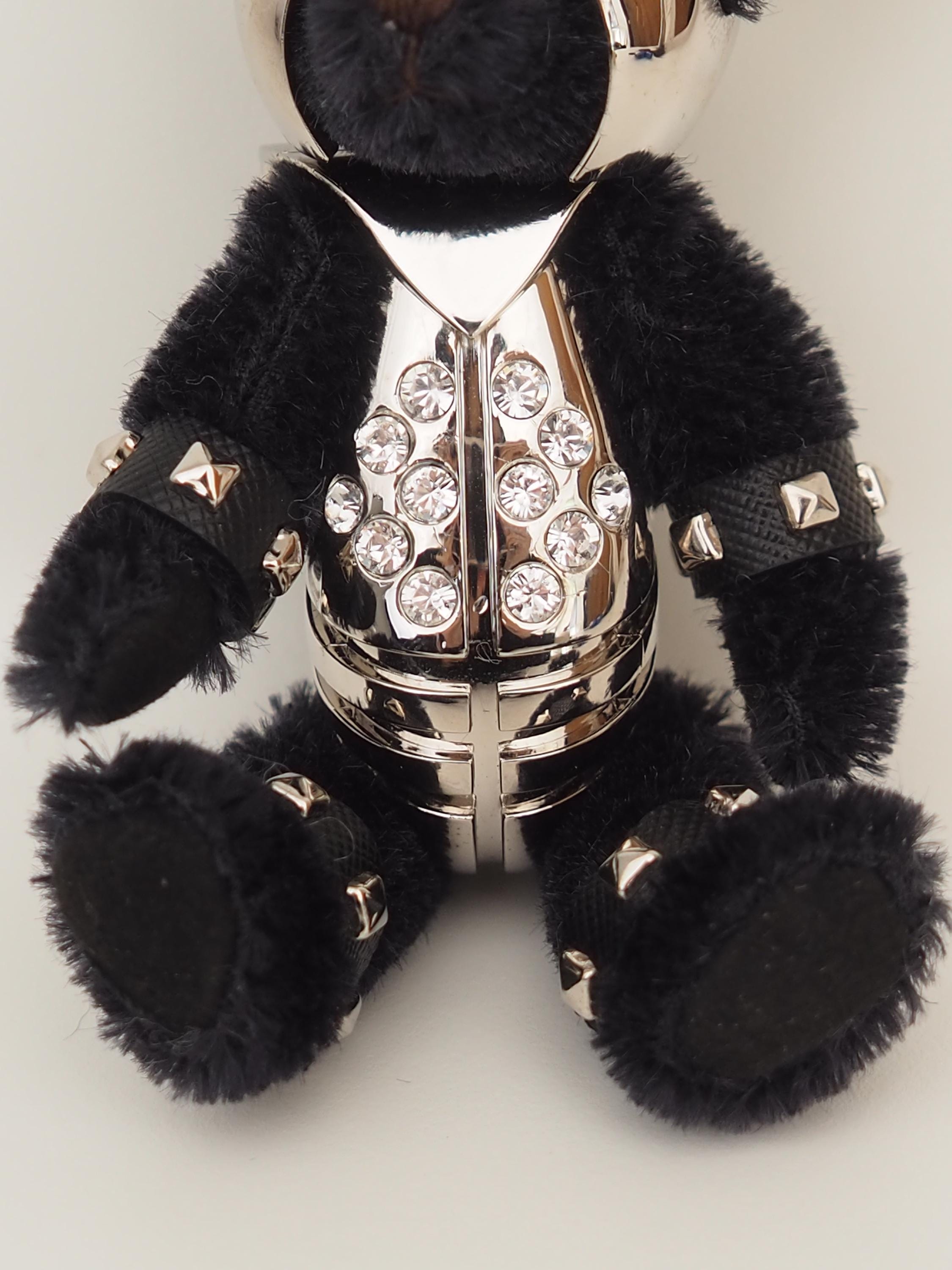 PRADA Teddy Bear keychain Key Charm Black Mohair Silver Metal Authentic Vintage Box