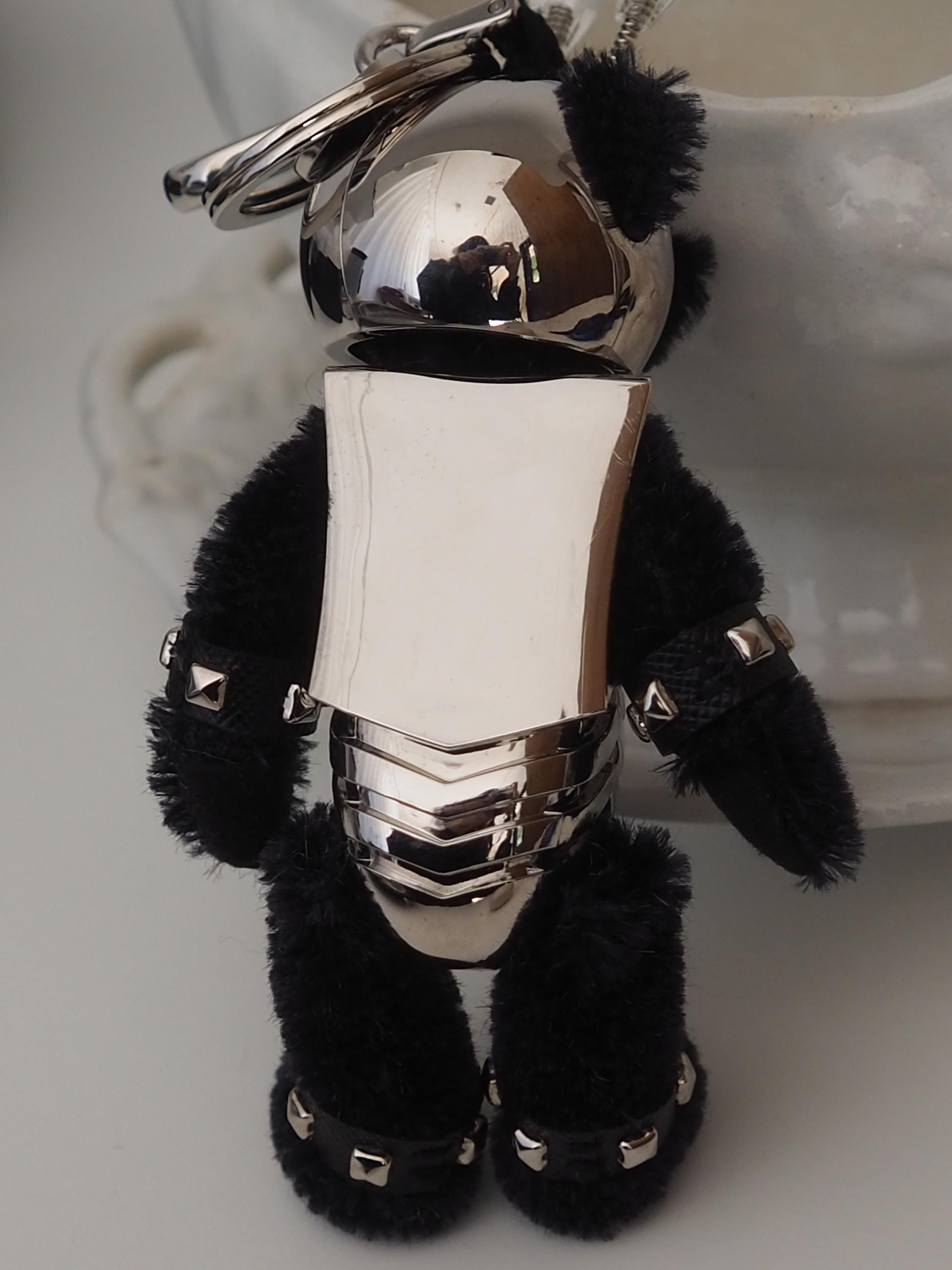 PRADA Teddy Bear keychain Key Charm Black Mohair Silver Metal Authentic Vintage Box