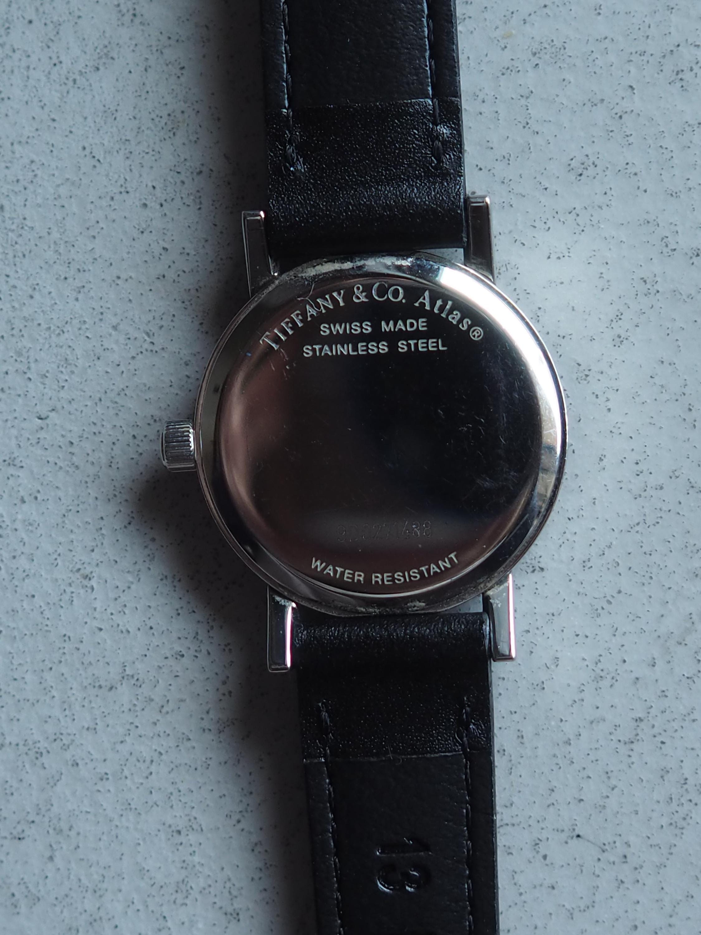 Tiffany & Co Classic Round Watch Silver Metal Black Leather Stainless Steel Quartz Wristwatch