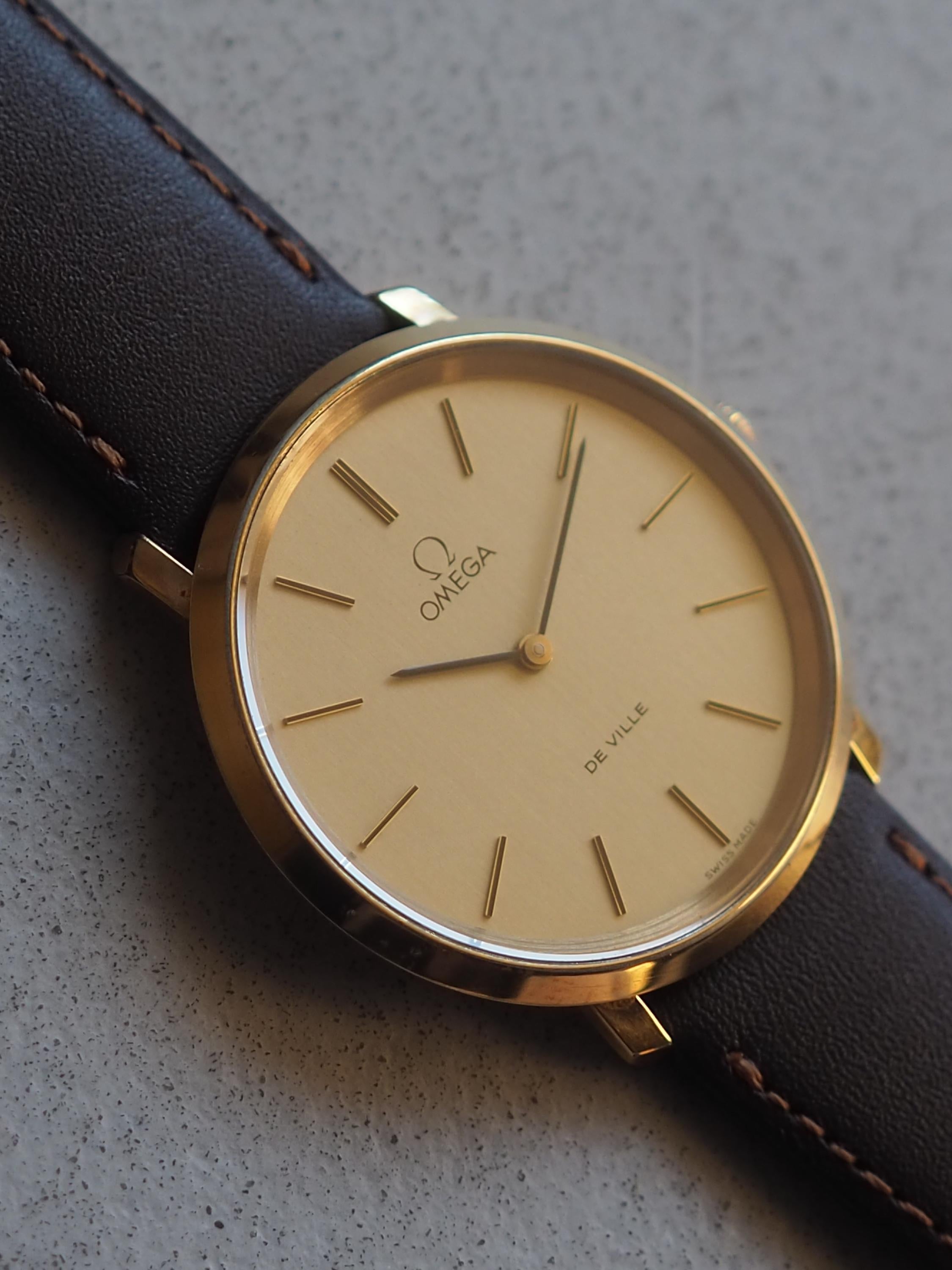 OMEGA DE VILLE Watch Round Gold Color Stainless steel Brown Leather Men's Unisex Vintage Antique Authentic