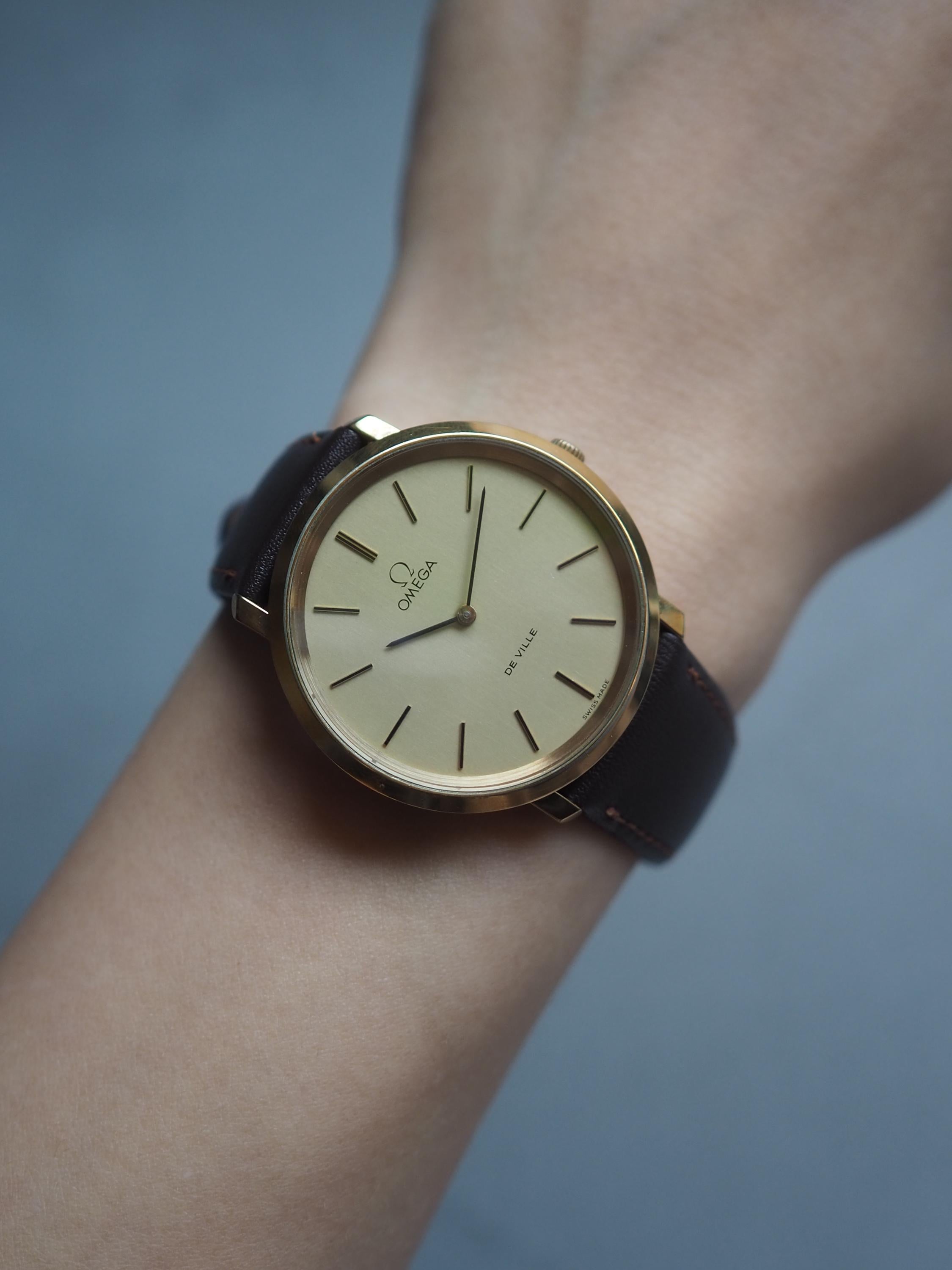 OMEGA DE VILLE Watch Round Gold Color Stainless steel Brown Leather Men's Unisex Vintage Antique Authentic