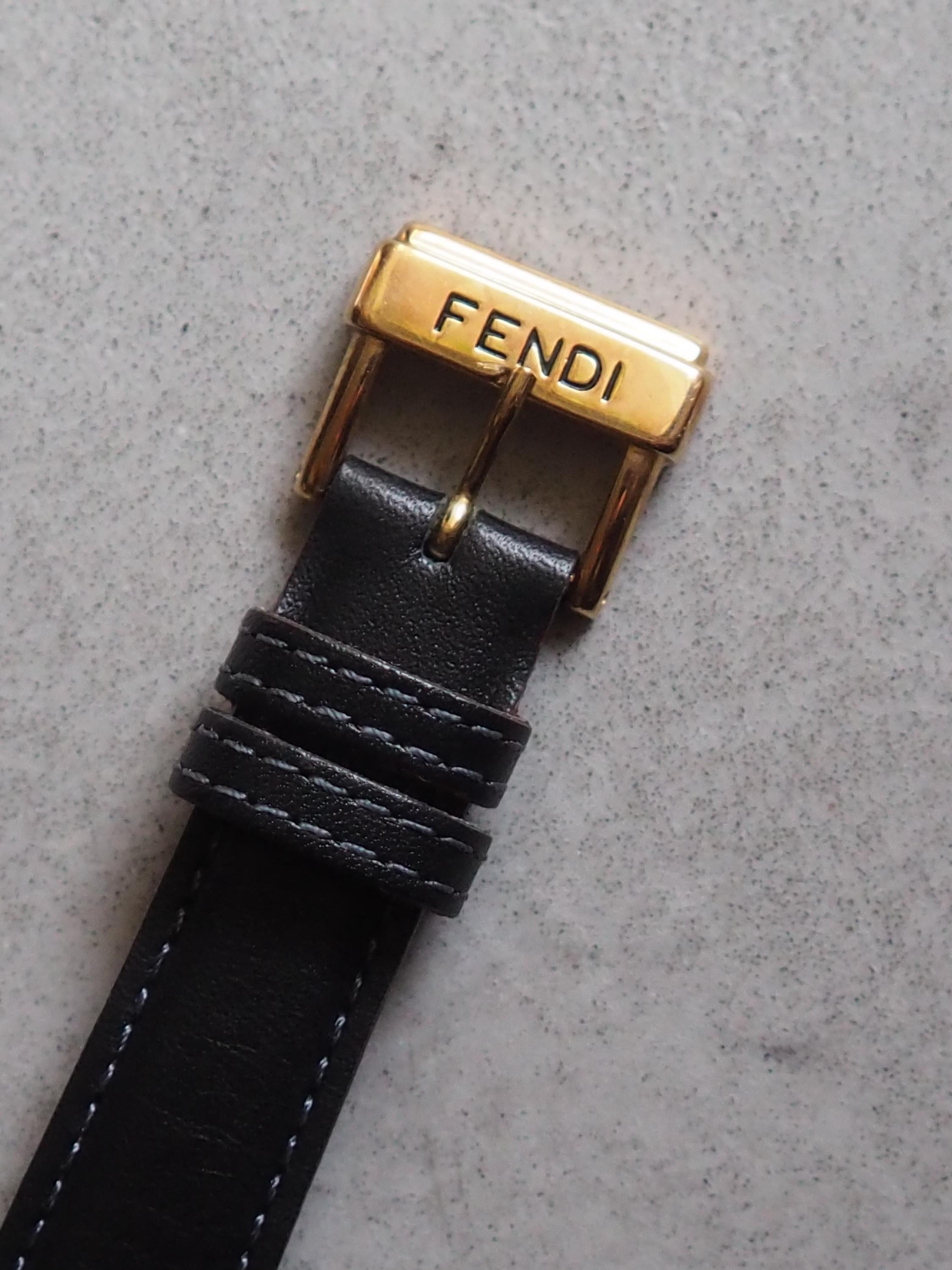 FENDI Shell Dial Watch Wristwatch Unisex Quartz Gold color Black Leather Vintage Authentic