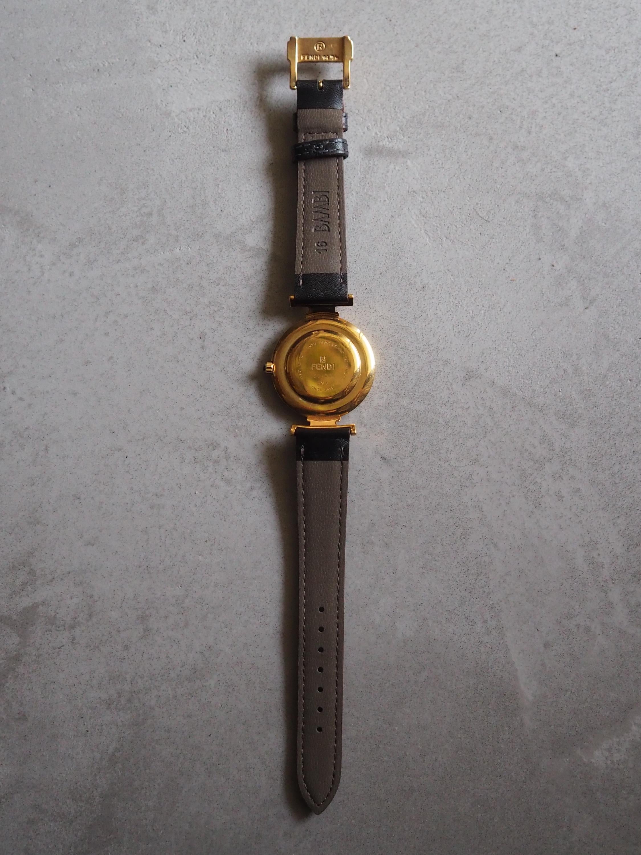 FENDI Shell Dial Watch Wristwatch Unisex Quartz Gold color Black Leather Vintage Authentic