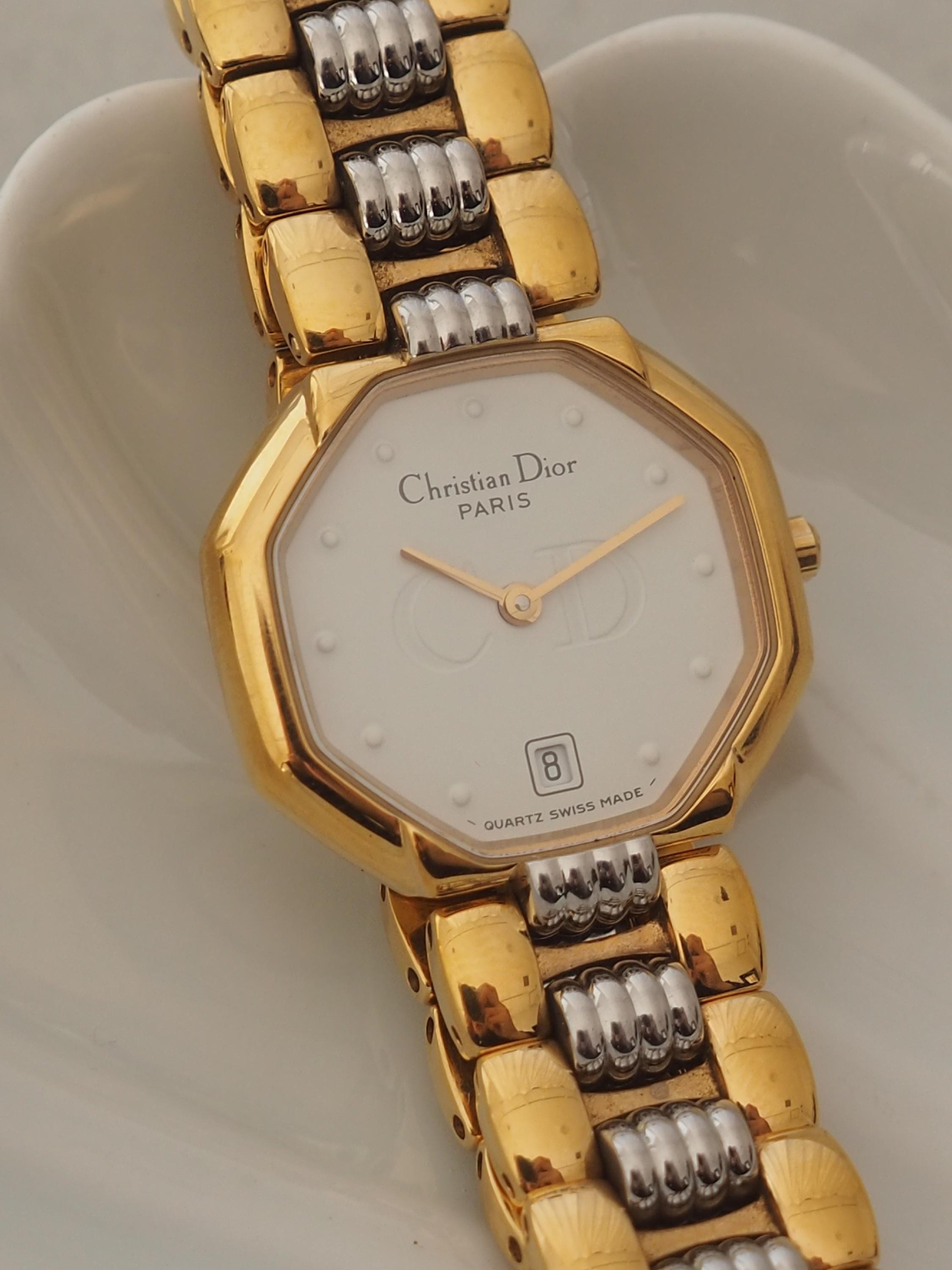 Christian Dior Octagon Watch Gold Silver Metal Quartz Wristwatch Ladies Vintage Authentic