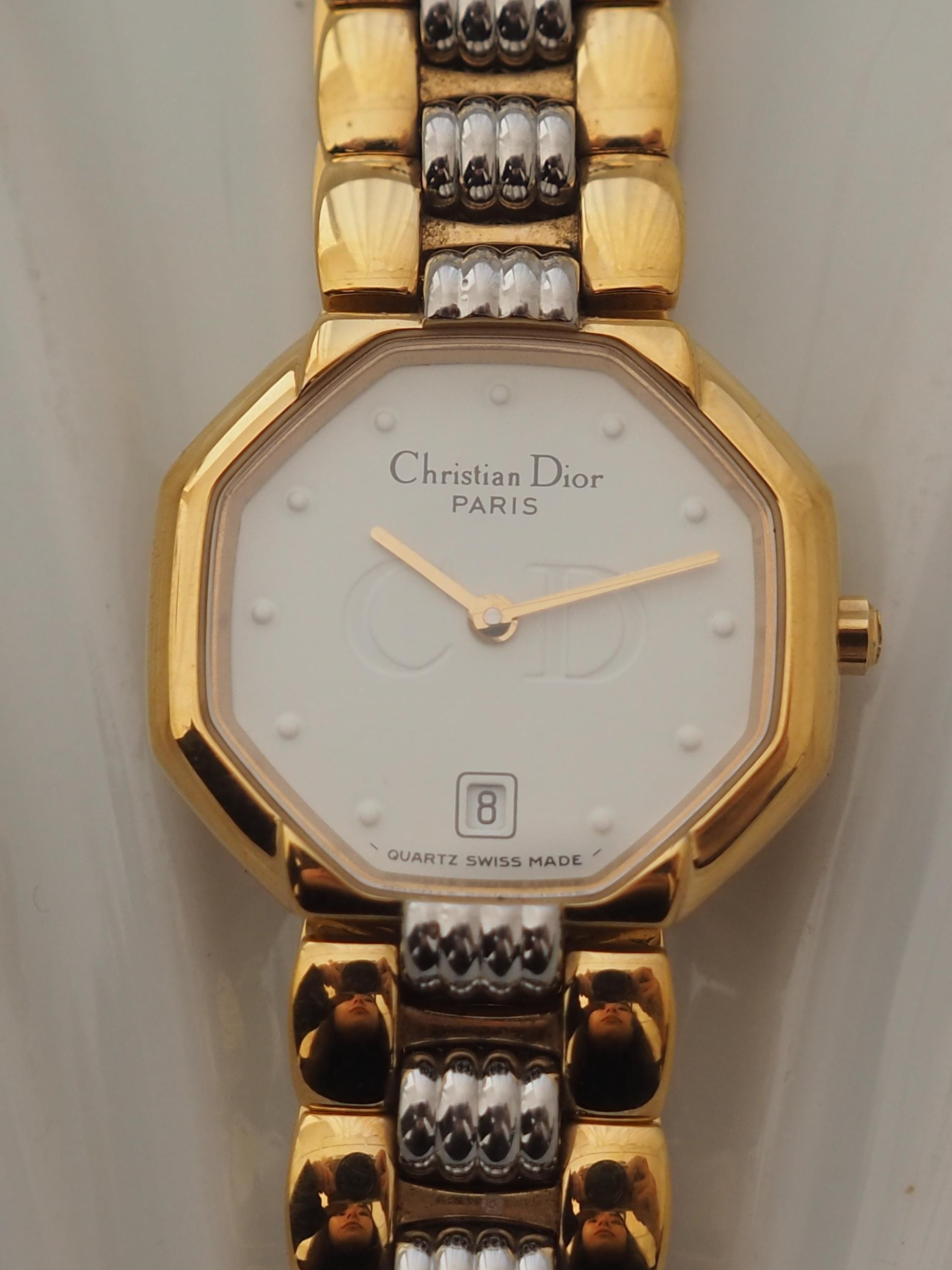 Christian Dior Octagon Watch Gold Silver Metal Quartz Wristwatch Ladies Vintage Authentic
