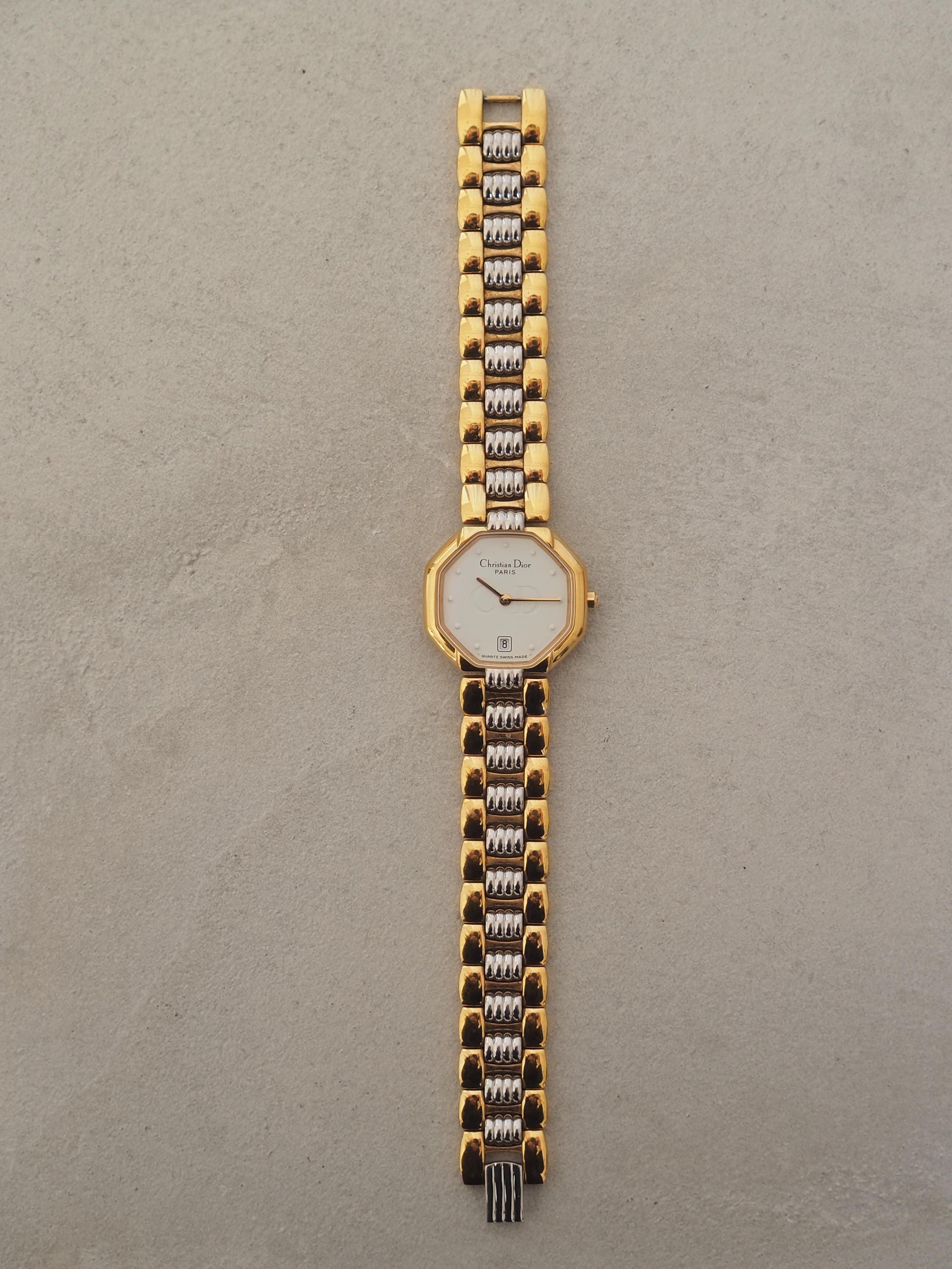 Christian Dior Octagon Watch Gold Silver Metal Quartz Wristwatch Ladies Vintage Authentic