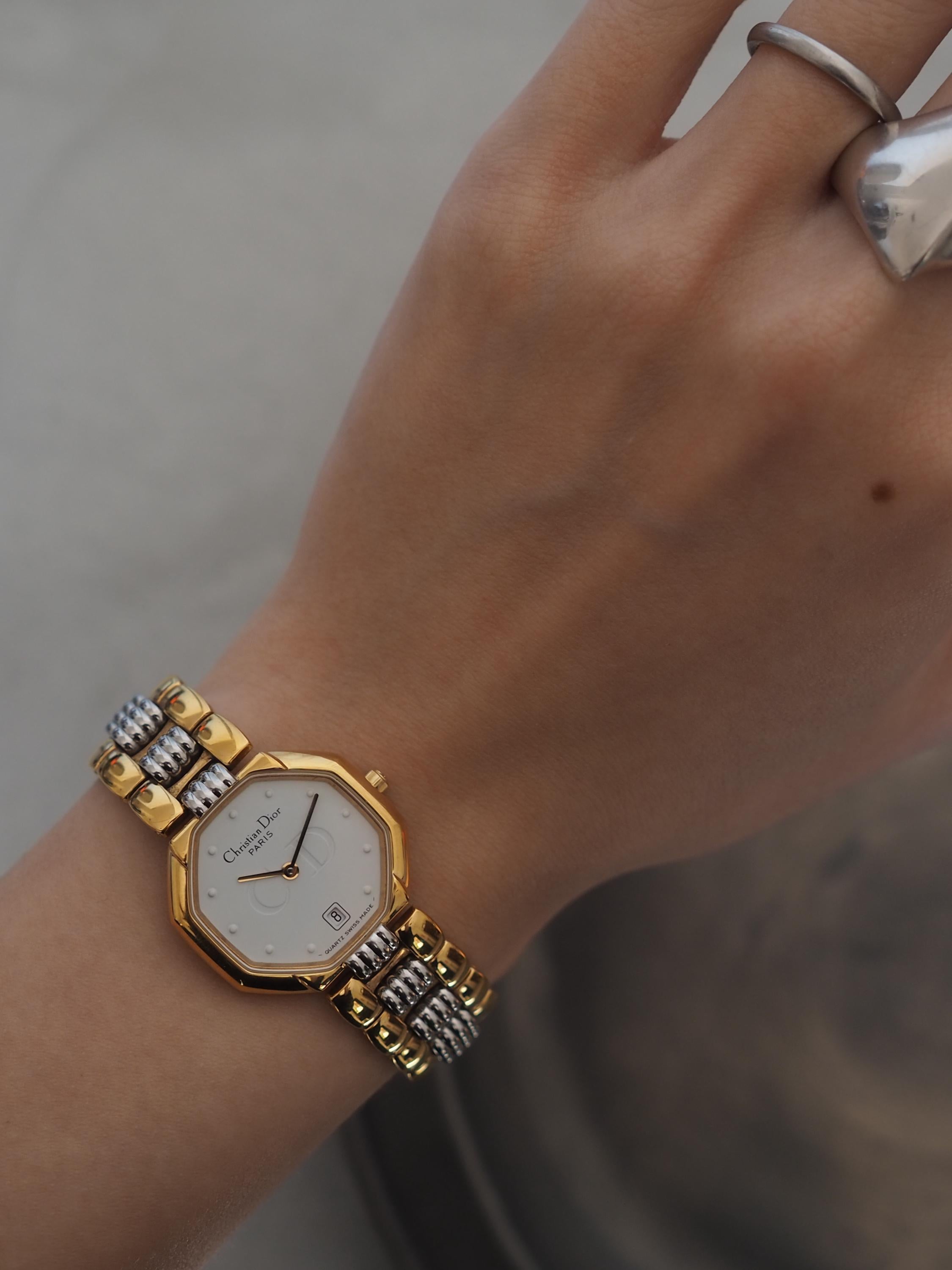 Christian Dior Octagon Watch Gold Silver Metal Quartz Wristwatch Ladies Vintage Authentic