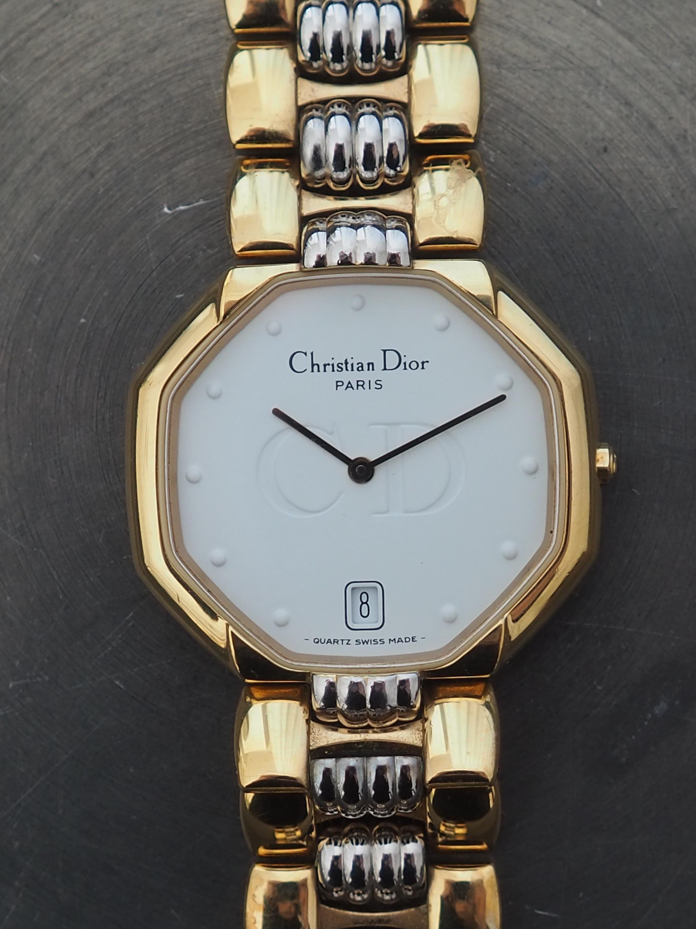 Christian Dior Octagon Watch Gold Silver Metal Quartz Wristwatch Unisex Mens Ladies Vintage Authentic