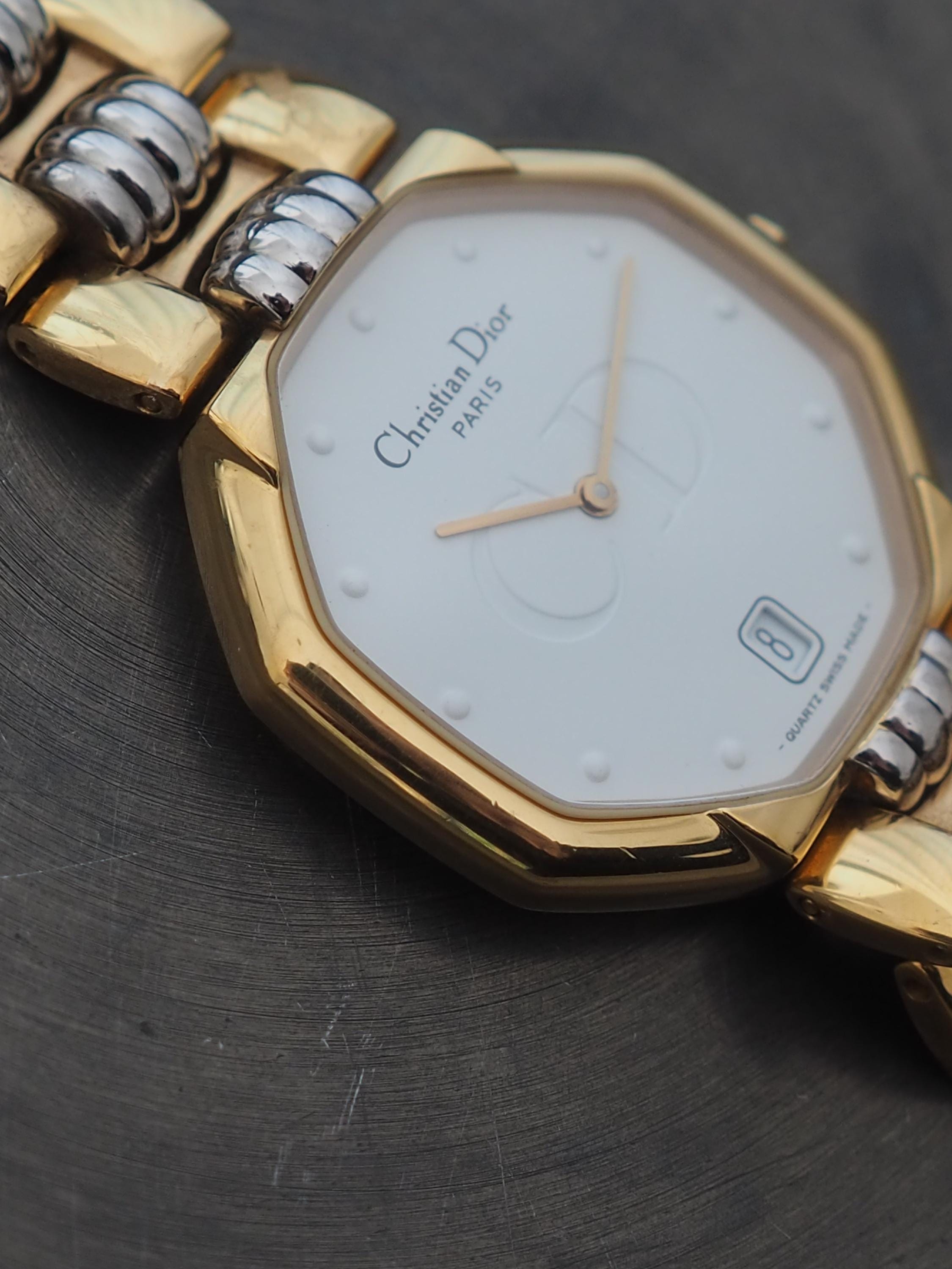 Christian Dior Octagon Watch Gold Silver Metal Quartz Wristwatch Unisex Mens Ladies Vintage Authentic