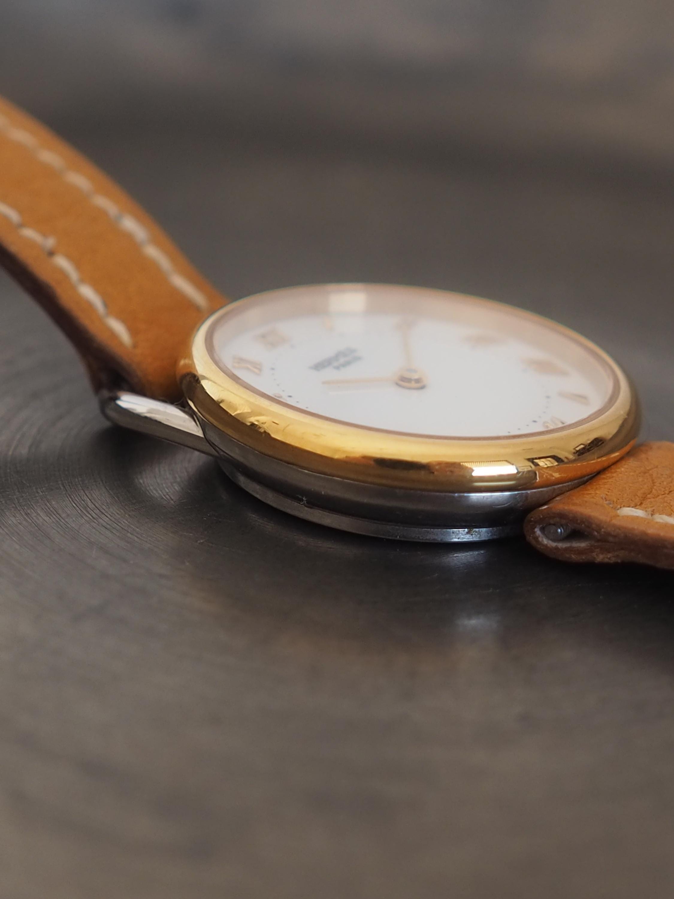 HERMES Also Watch Silver Gold Color Stainless steel Leather Belt Camel Ladies Vintage Authentic